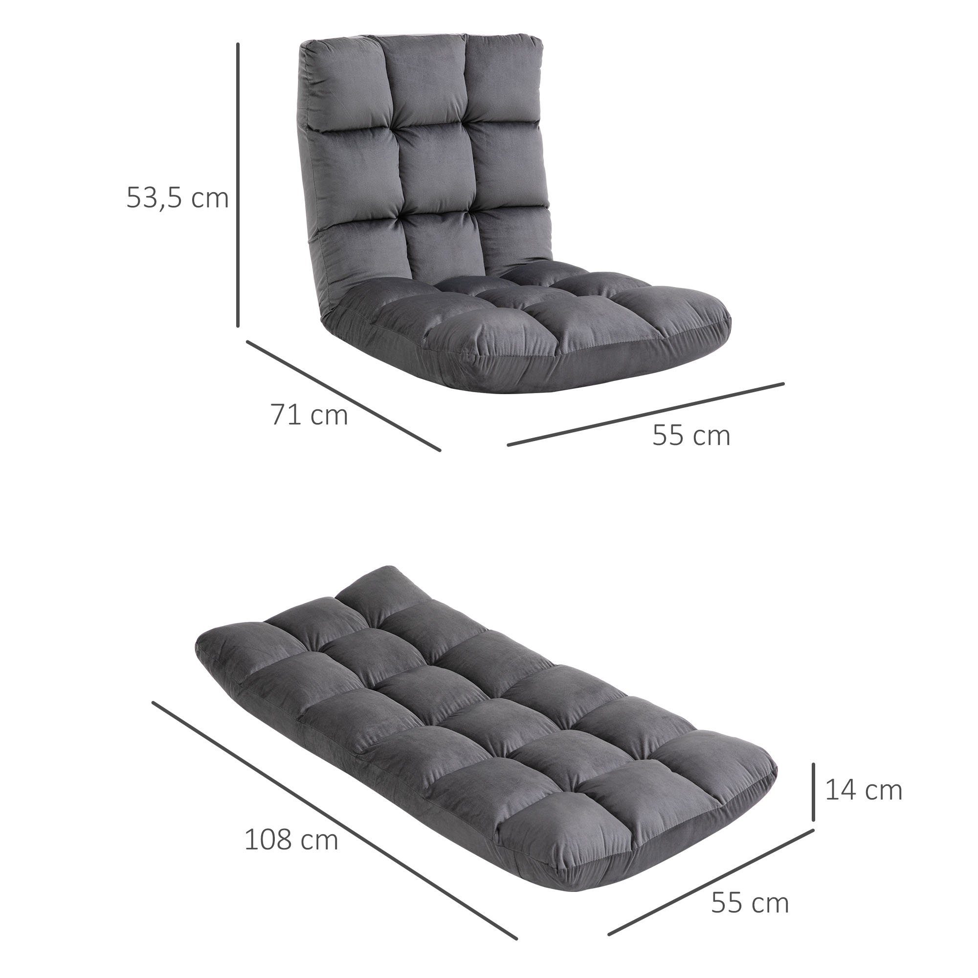 HOMCOM Relaxsessel 3-in-1 Klappbar mit Rückenlehne 13 Positionen (Sitz-kissen, 1-St., Bodenstuhl), Dunkelgrau W55*D71*H53.5cm