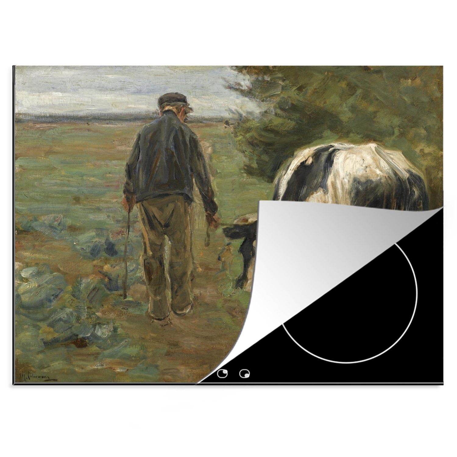 MuchoWow Herdblende-/Abdeckplatte Landwirt mit Kuh - Gemälde von Max Liebermann, Vinyl, (1 tlg), 70x52 cm, Mobile Arbeitsfläche nutzbar, Ceranfeldabdeckung