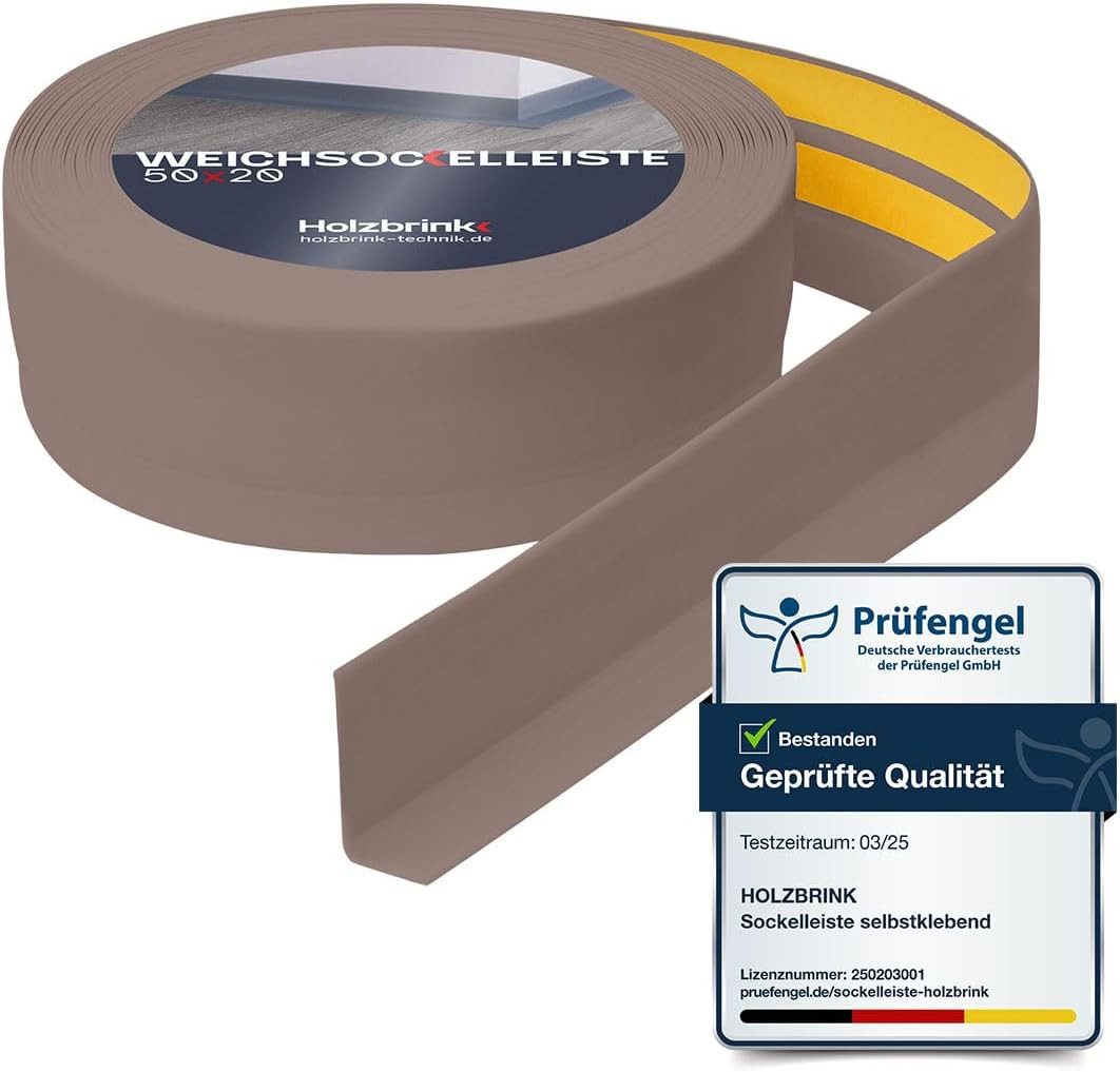 HOLZBRINK Sockelleiste PVC Weichsockelleiste selbstklebend 50x20mm Cappuccino, L: 1000 cm, 10m Rolle, Küchenabschlussleiste Arbeitsplatte, Fensterleiste, Fensterabdichtung