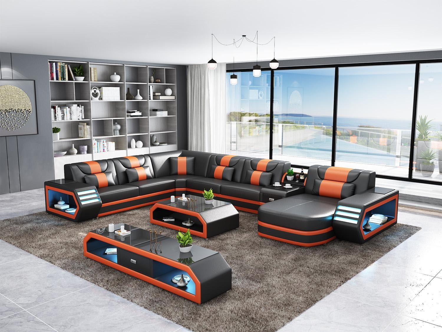 JVmoebel Wohnzimmer-Set, Ecksofa Polster Ecksofa U Form Couchtisch Sideboard Ledersofa Schwarz/Orange