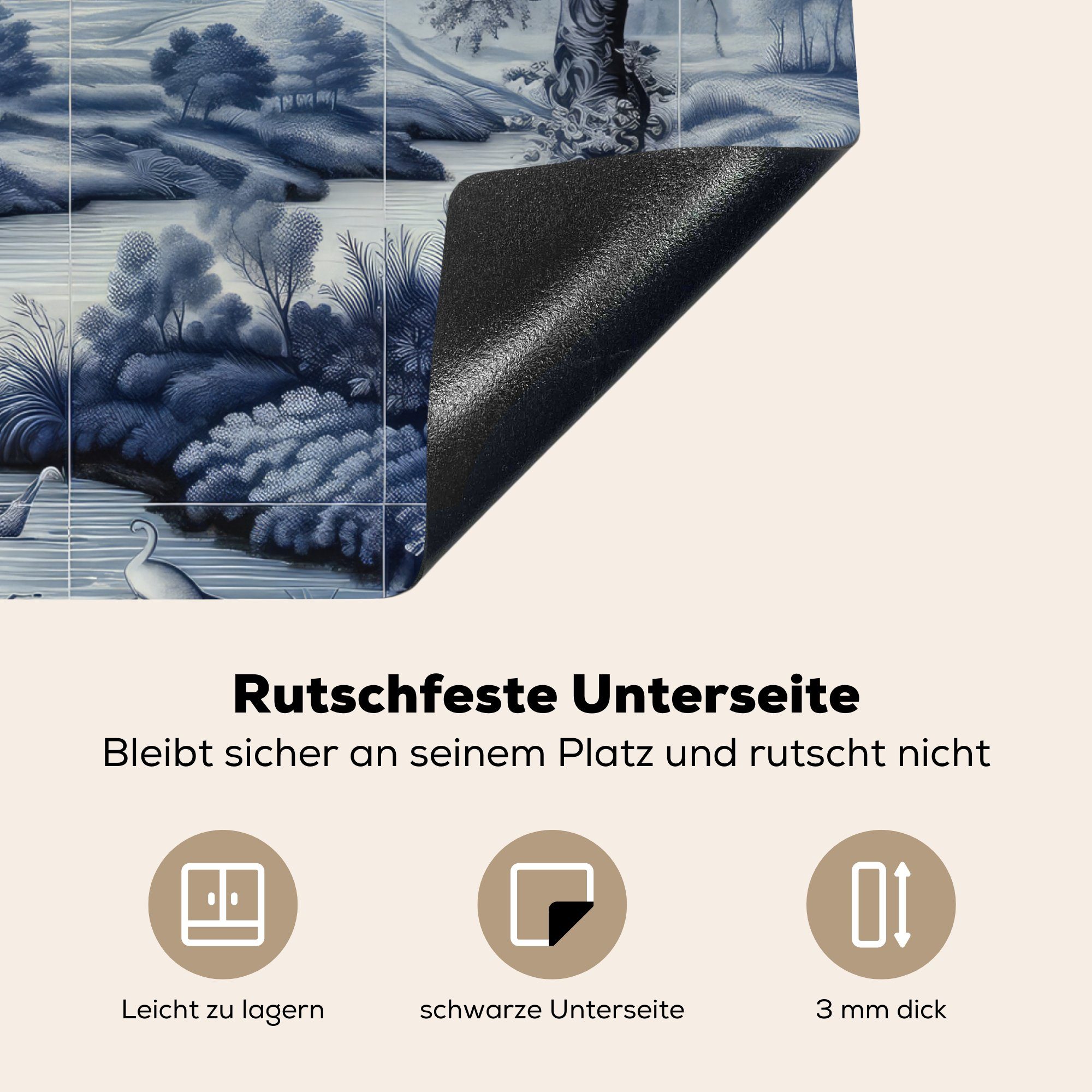 (1 60x52 - Schloss Herdblende-/Abdeckplatte cm, Vinyl, MuchoWow tlg), Ceranfeldabdeckung Landschaft - Arbeitsfläche - Blumen Blau Delfter Mobile - nutzbar, Niederländisch,