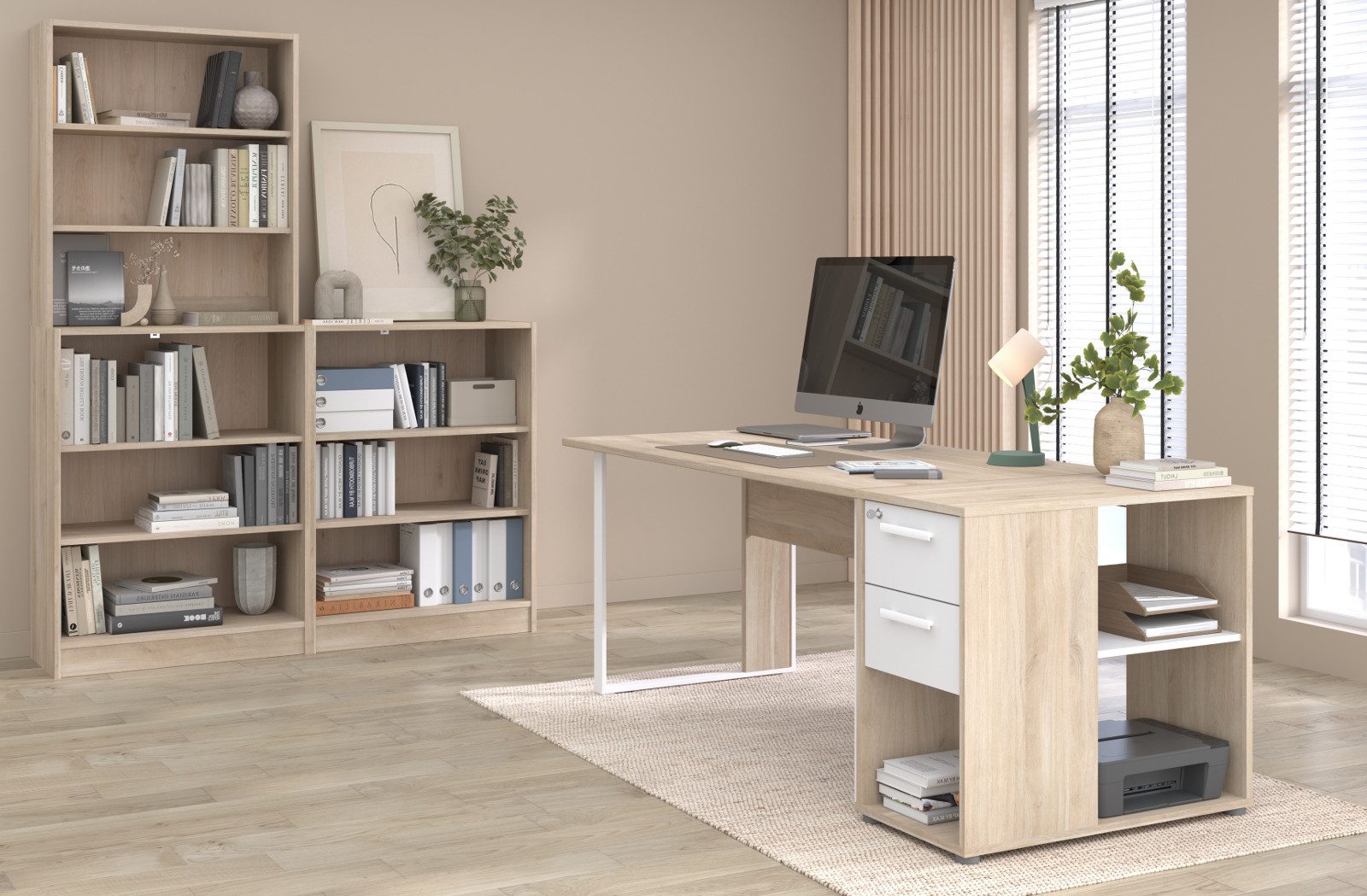 Parisot Büromöbel-Set Remote, (mit Schreibtisch, Container und Aktenregalen, 5-tlg., Eiche und Weiß), Schreibtisch mit 50 mm Metallgestell