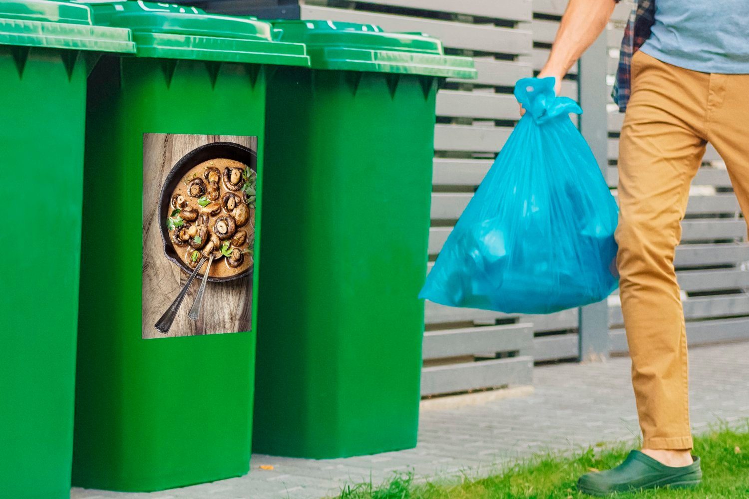 MuchoWow Wandsticker Pilze (1 Sticker, Container, Mülleimer-aufkleber, St), einem Abfalbehälter Mülltonne, Abendessen in