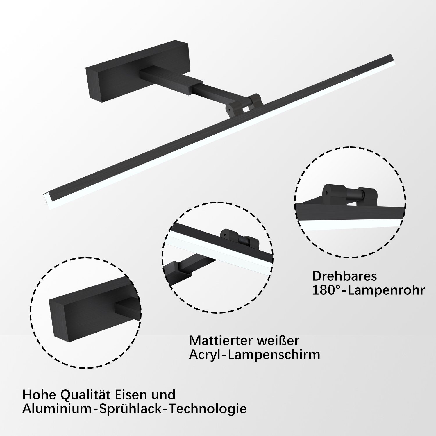 Badezimmer 180° Lampe Bad Aluminium Wandleuchte Schwarz LED energiesparender, Kaltweiß 6500K, Dehnbar Kaltweiß-6500K, Spiegelleuchte integriert, fest IP44 LED WDWRITTI 17-30cm, Schminklicht, 60cm Drehbar,