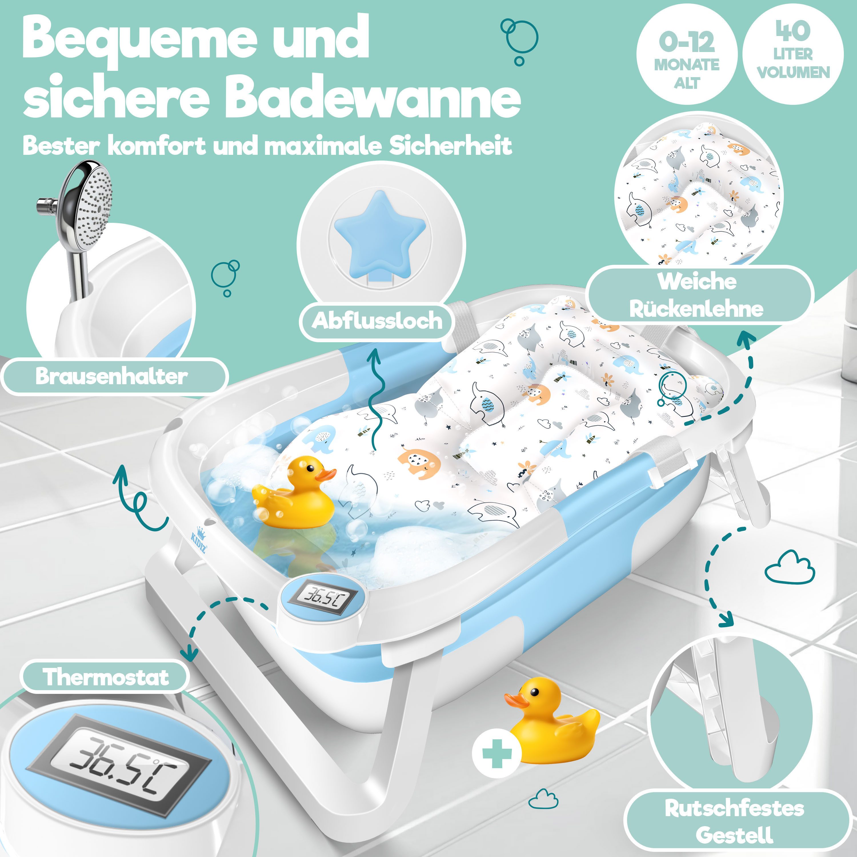 KIDIZ Babybadewanne, Baby Badewanne für Neugeborene Kleinkinder 0-12 Monate Babywanne