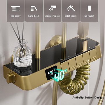 QREZAA Duschsystem mit Thermostat Gebürstetes Gold, Mischbatterie Duschset Duschsäuleset, 3 Strahlart(en), mit Digitalanzeige, Regendusche aus Messing 30cm Kopfbrause Handbrause