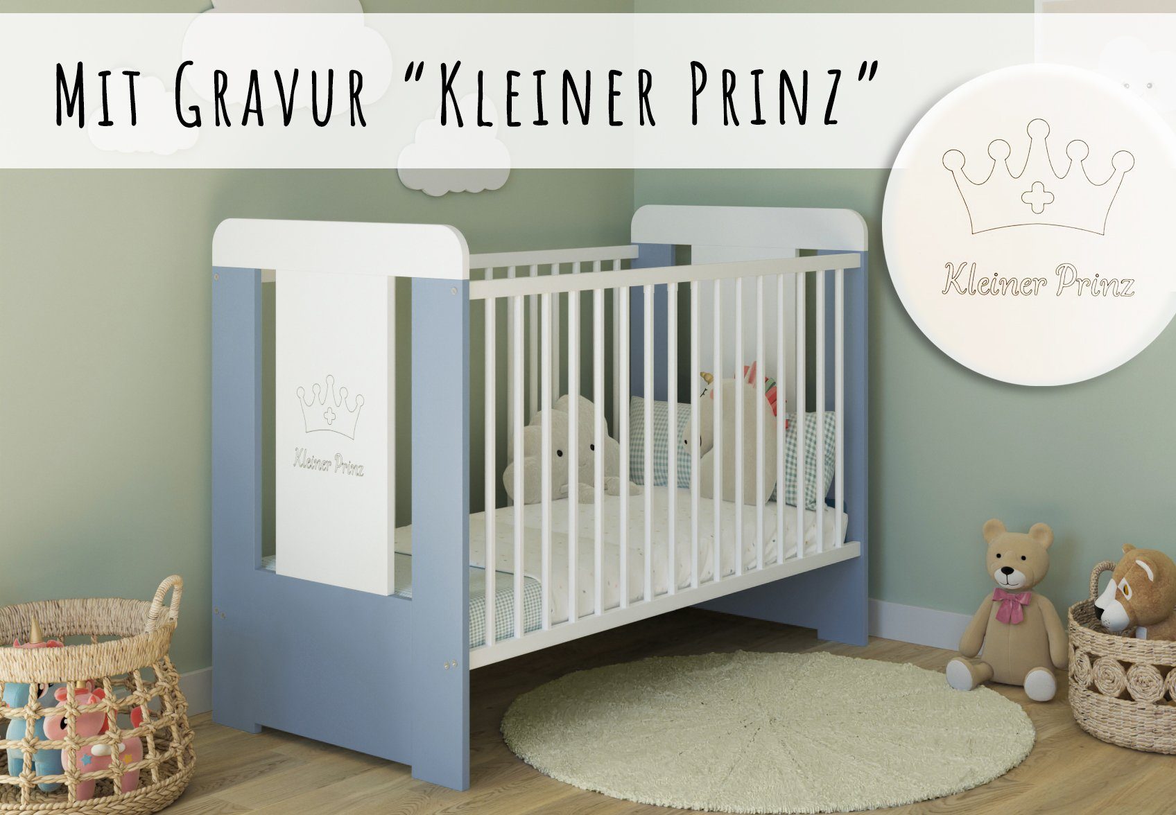 Kids Collective Babybett Gitterbett höhenverstellbar, herausnehmbare Sprossen, Kleiner Prinz Gravur 60x120 weiss Junge, optional mit Matratze
