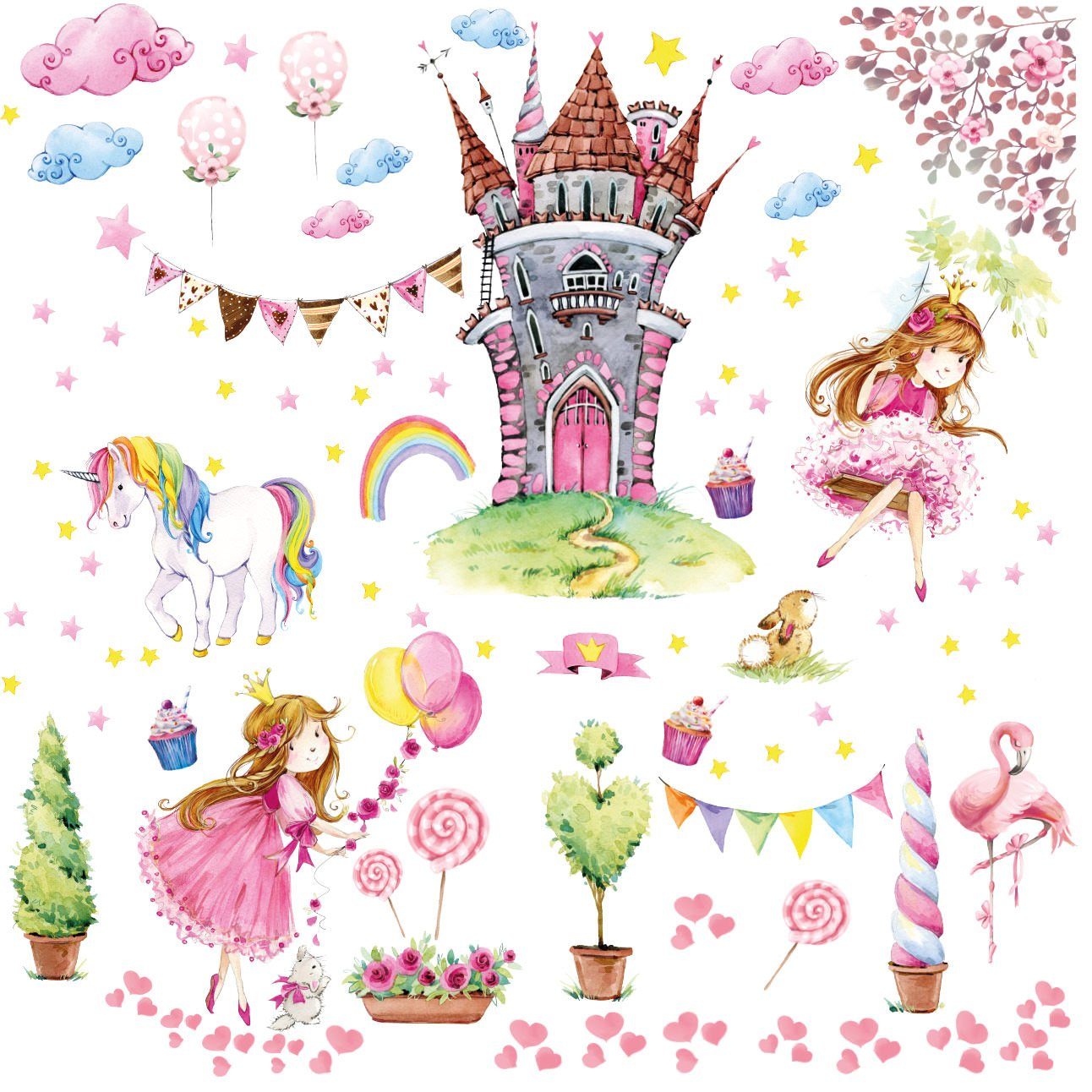Sunnywall Wandtattoo XXL Wandtattoo Prinzessin Rosa Set Kinderzimmer Aufkleber