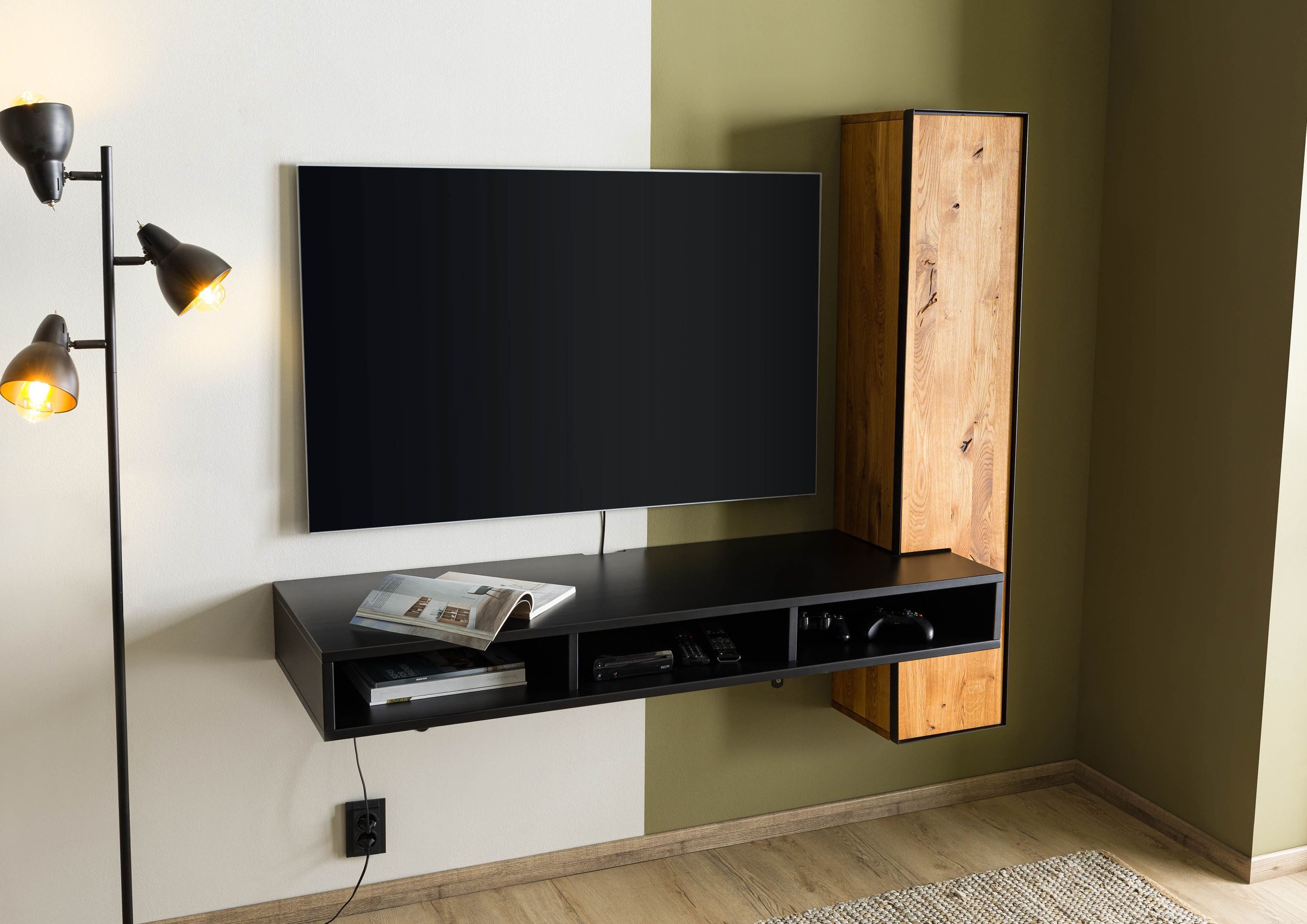 Massivmoebel24 Wohnwand STARNBERG, (Eiche 161x49x140 natur geölt / schwarz lackiert STARNBERG #08), Eiche 161x49x140 natur geölt / schwarz lackiert STARNBERG #08
