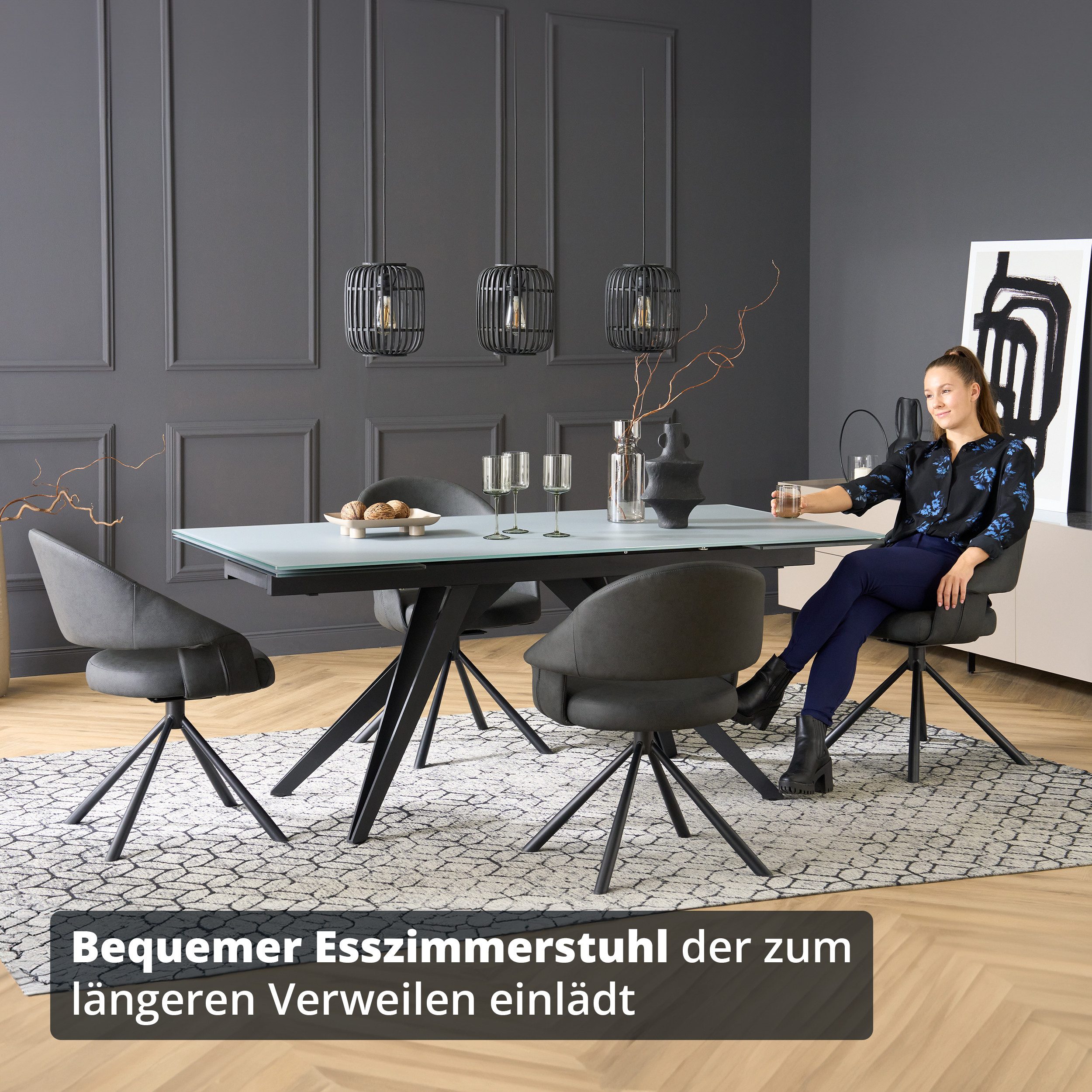 KHG Esszimmerstuhl Polsterstuhl Kunstleder Anthrazit-Schwarz, 180° drehbar (Drehstuhl modern), Metallgestell mit Drehfunktion bis 120 kg belastbar