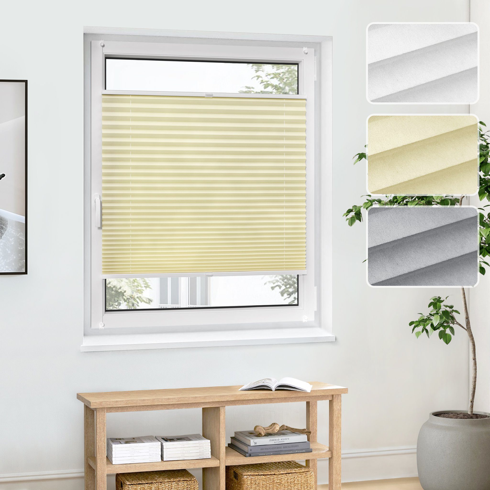 jalousiescout Plissee Pure Basic 60x110cm Creme Klemmfix ohne Bohren, halbtransparent, ohne Bohren, klemmen, Klemmfix, halbtransparent, Polyester-Stoff ohne Bohren