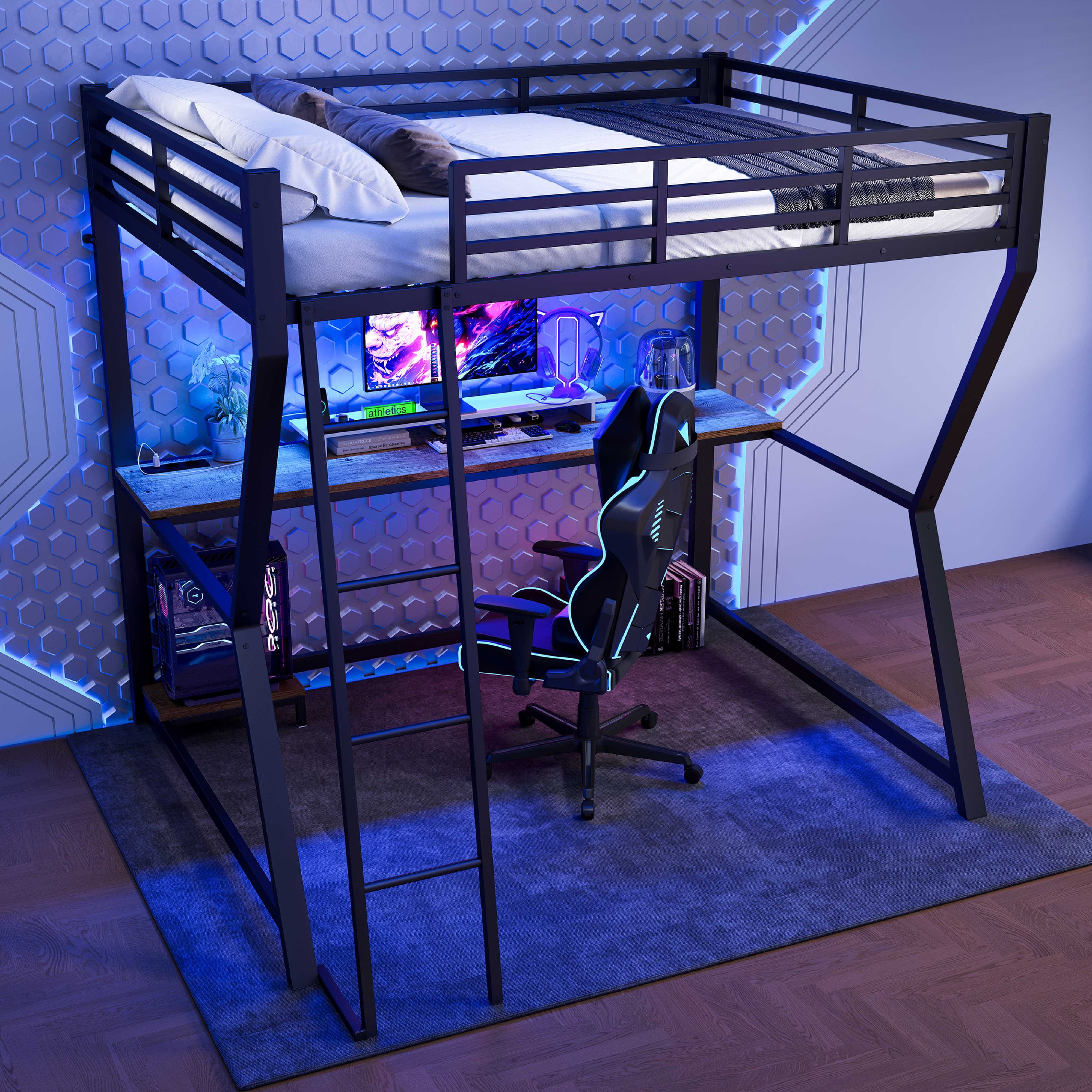 BlingBin Hochbett Funktionsbett Jugendbett (1-St., Mit LED-Leuchten,Computerkonsolenablage,Schreibtisch,Steckdose+USB) 140×200cm,mit Geländer, Treppe,ohne Matratze