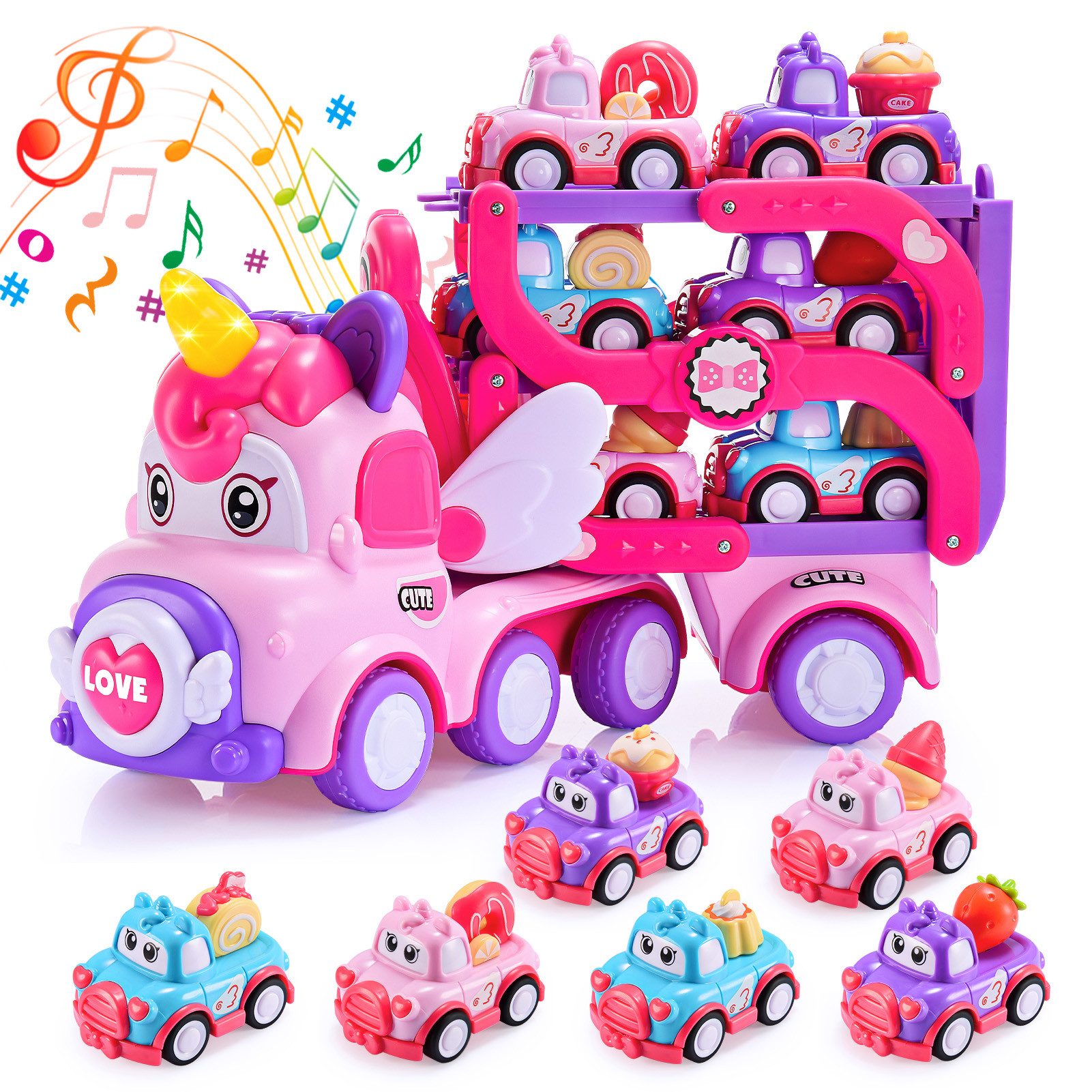 Wootoy Spielzeug-Auto 7-in-1 Spielzeug-Transporter mit 6 Mini-Autos Einhorn LKW, (mit Blinkende Lichter und Musikfunktion, 7-tlg., Trägheitsantrieb und Rückziehfunktion), Abnehmbare Fahrerkabine und klappbare Heckklappe