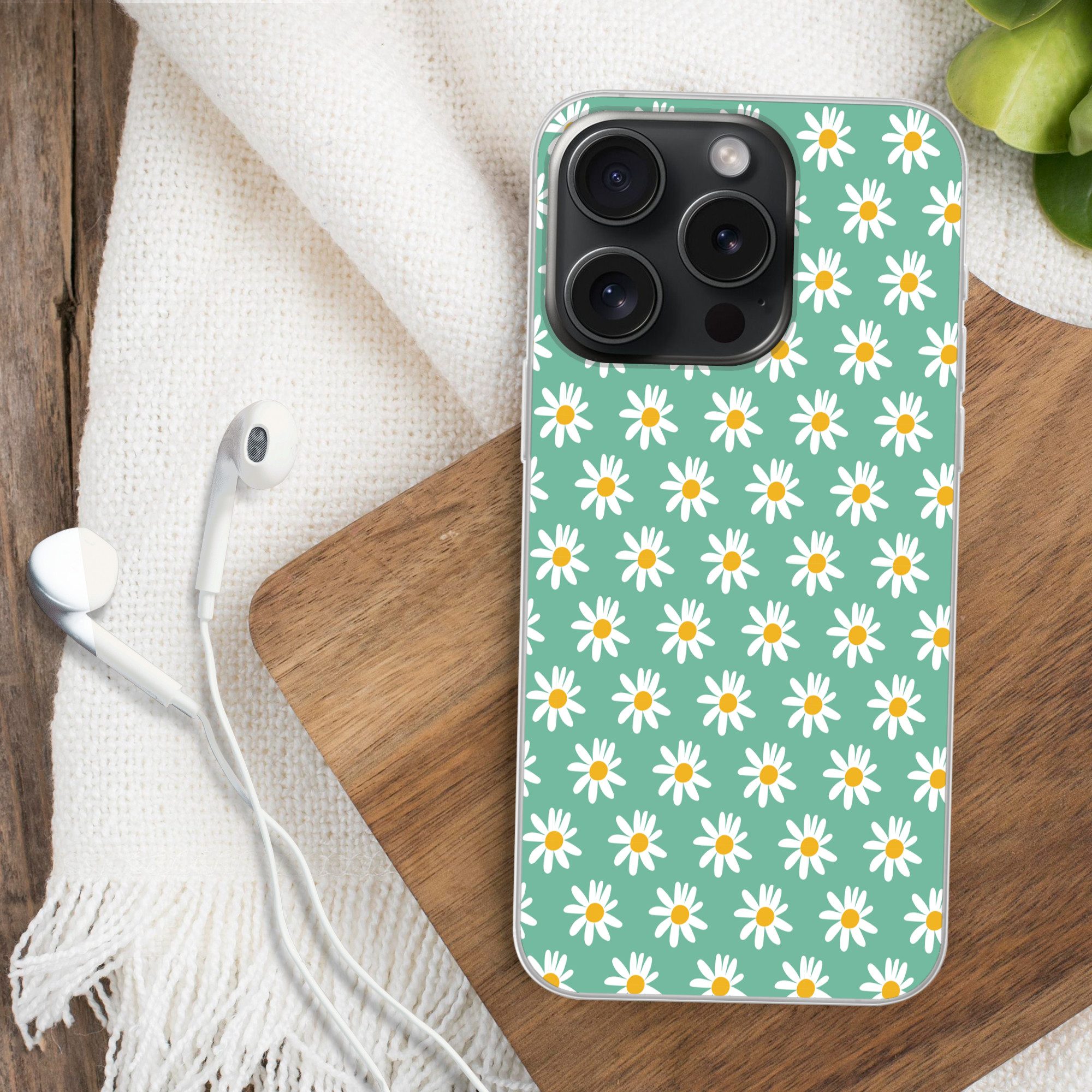 MuchoWow Handyhülle für Apple iPhone 15 Pro Gänseblümchen - Muster - Grün - Blumen, Smartphone-Bumper, Print, Handy Schutzhülle Dünn