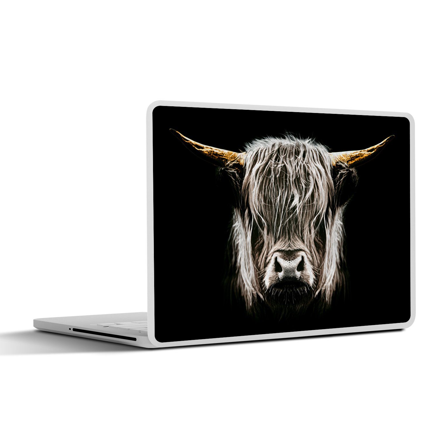 Sticker - Highlander Schottischer - Laptop (1 - Folie, Hörner Wandsticker Kratzern Schwarz - Cover, weiß vor Folien - Gold Kuh Schutz MuchoWow St), und Aufkleber,