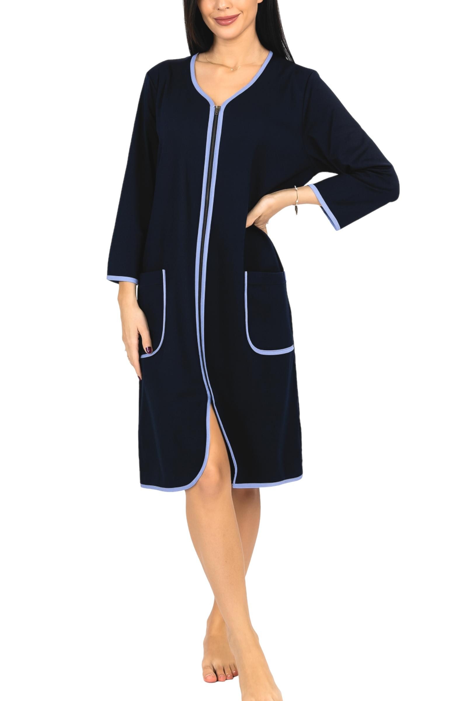 Aquarti Damenbademantel Damen Bademantel Morgenmantel Reißverschluss Hausmantel 3/4 Ärmel