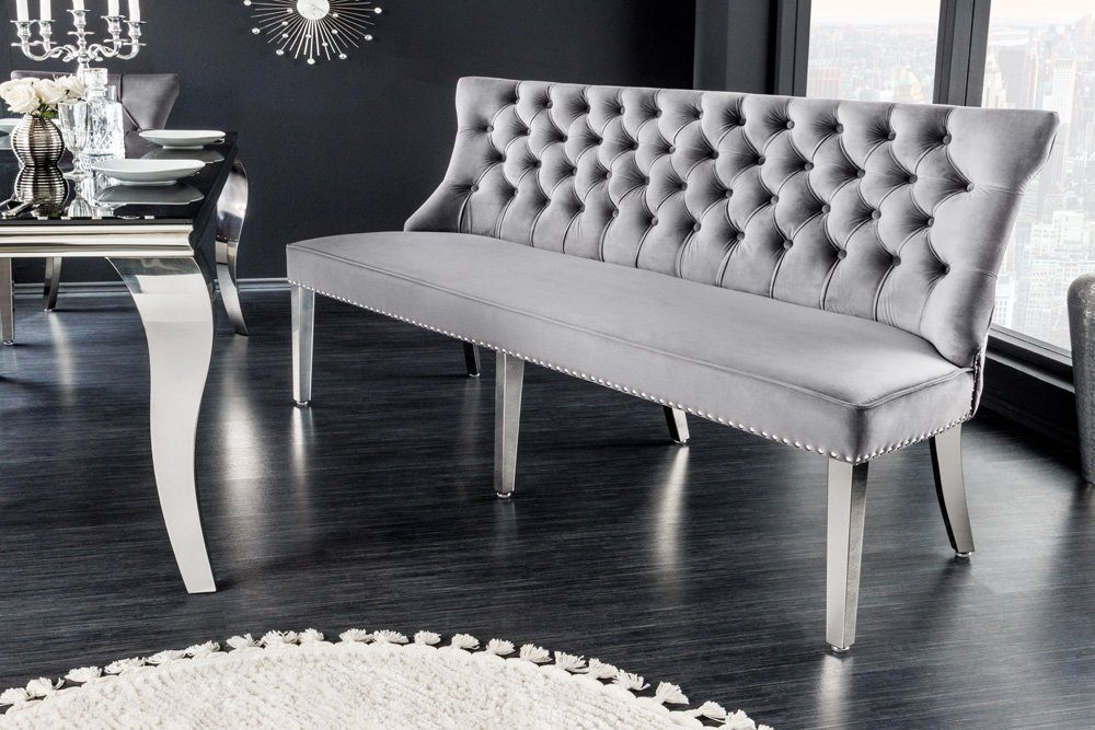 riess-ambiente Sitzbank CASTLE DELUXE 165cm grau / silber (Einzelartikel, 1-St), Esszimmer · Samt · Edelstahl · Rückenlehne · Barock Design