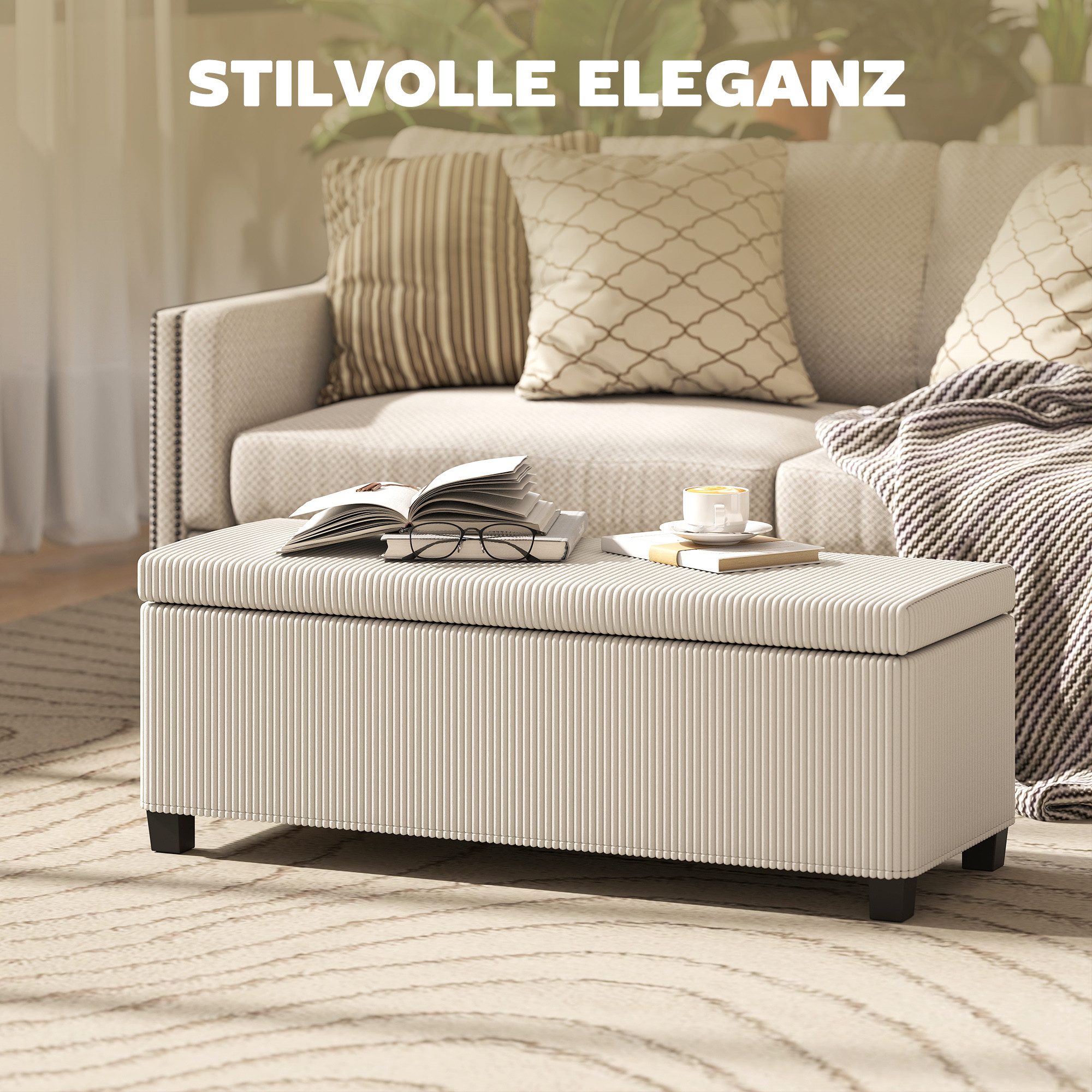 HOMCOM Sitzbank Polsterbank mit Stauraum und Cord-Optik, Sitztruhe für Wohnzimmer (Fußhocker aus Cord mit abnehmbarem Deckel, Beinen, 1-St., Aufbewahrungstruhe  – Bild 4 von 5