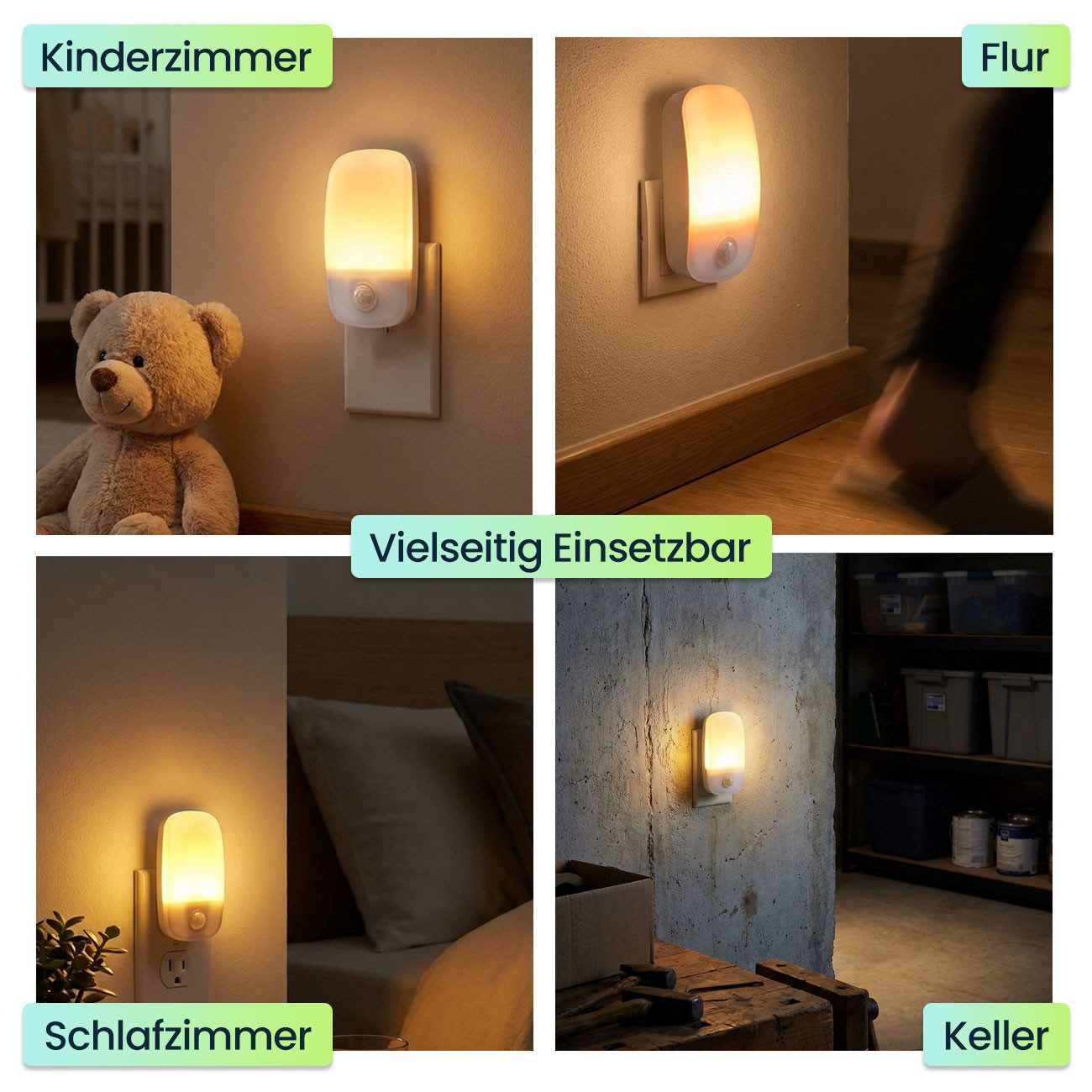 shop'n smile ideoon LED Steckdosenleuchte LED Nachtlicht Stecker mit Bewegungsmelder & Dämmerungssensor, 11 Lm Warmweiss, für Flur, Treppe & Kinderzimmer
