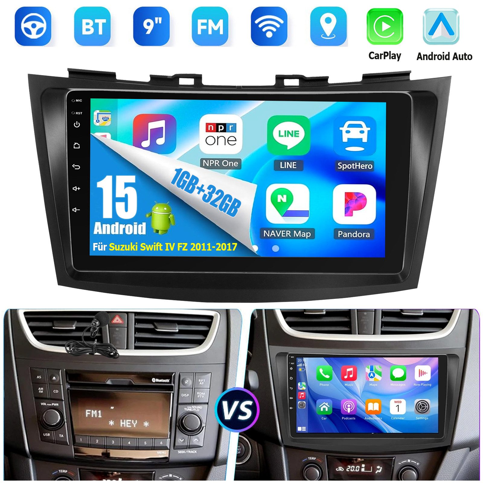 ESSGOO DAB+ Android 15 CarPlay Autoradio GPS NAV Für Suzuki Swift IV FZ 11-17 Autoradio (Digitalradio (DAB), 4+64GB(optional), RDS, AM, FM, Apple Carplay Android Auto GPS Navi WIFI BT EQ)