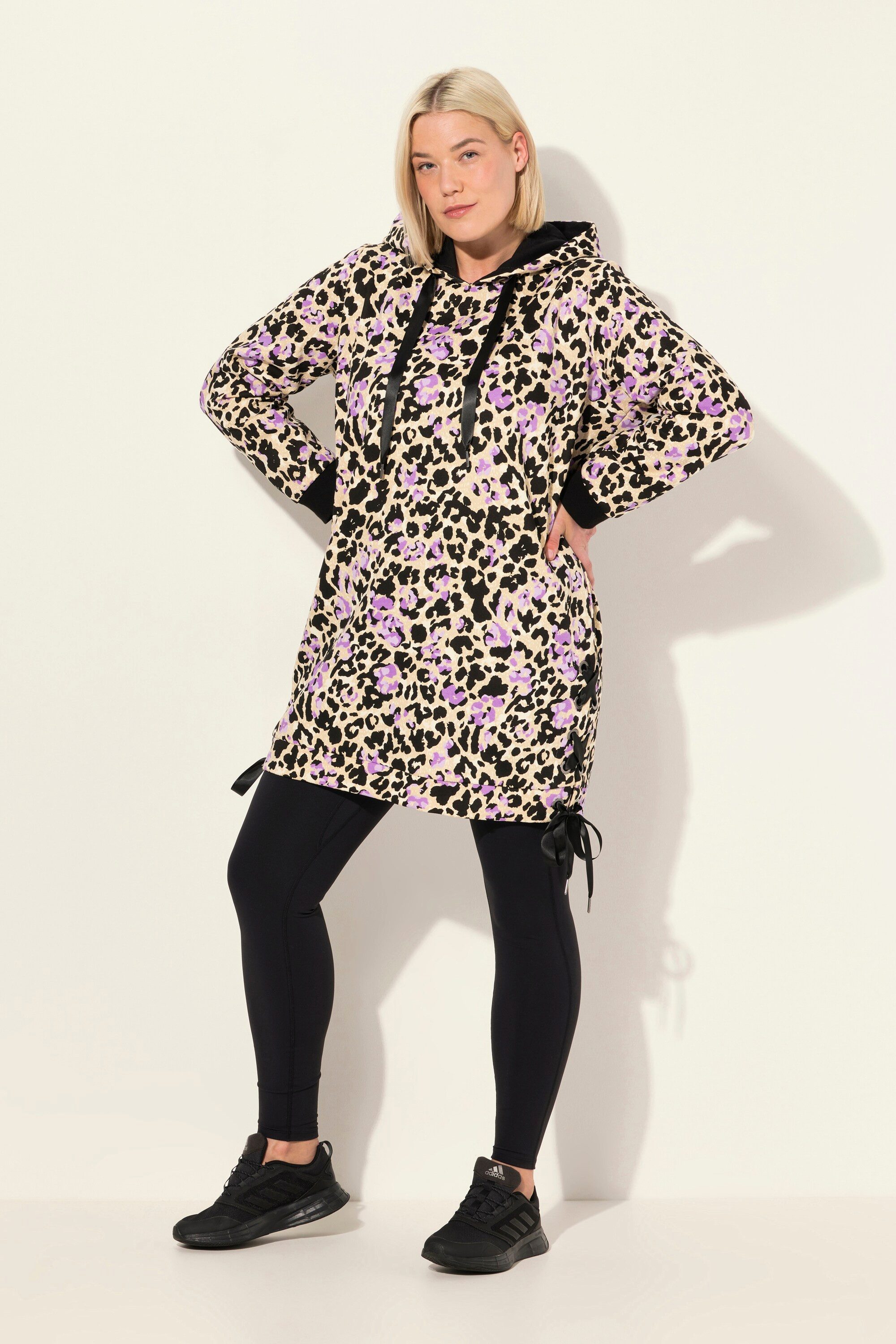 Ulla Popken Sweatshirt Long-Hoodie Leonuster Satinbänder günstig online kaufen