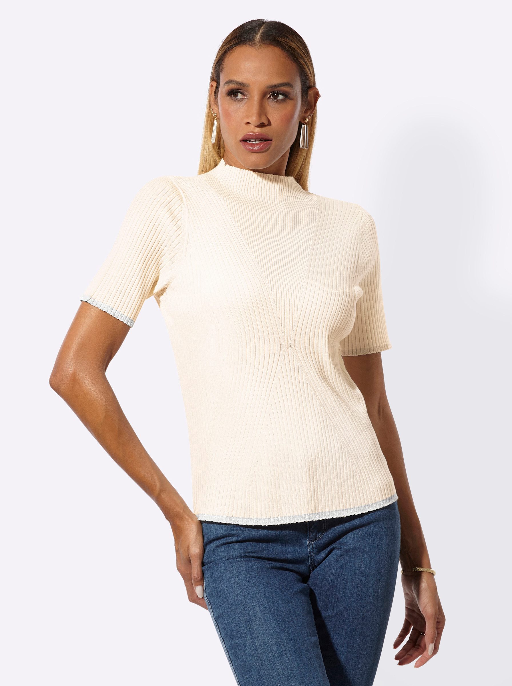Strickpullover Stehkragen-Pullover Kurzarm Rippoptik