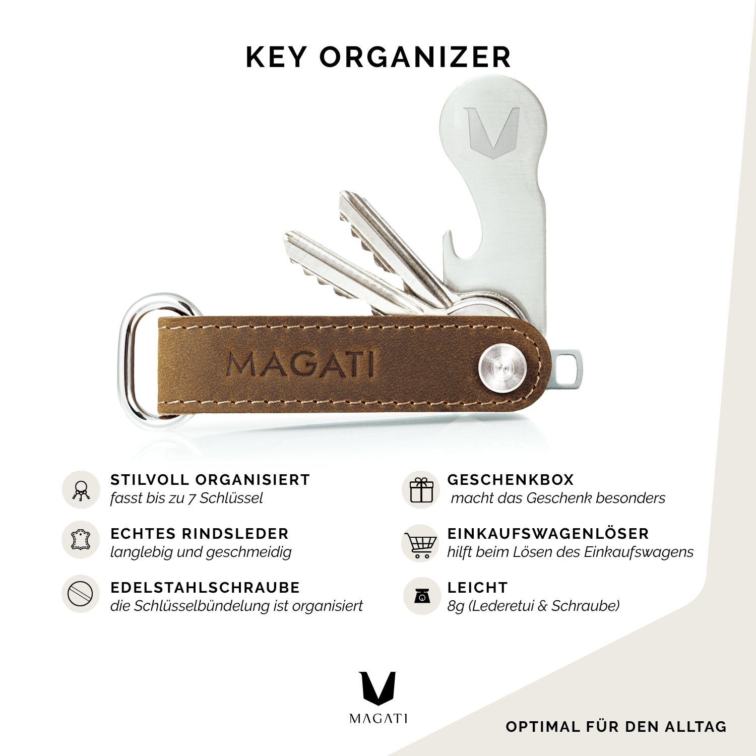 Schlüsseletui Vintage Schlüssel Geschenkbox, mit aus Profiltiefenmesser), Holder Einkaufswagenlöser, Organizer 1-7 (Inkl. für & Damen Herren Schlüsseltasche Schlüsselfundservice Braun MAGATI Flaschenöffner, für Echtleder, Key Key