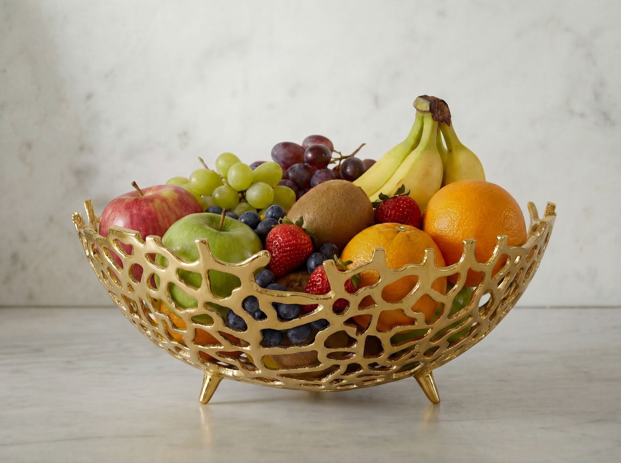 FINEBUY Obstschale FB77651 Früchtekorb Aluminium Gold 46cm Dekoschale Obstkorb Metall, Aluminium, (Schöne Früchteschale in schicker Korallenoptik), Drei kleine Standbeine für sicheren Halt