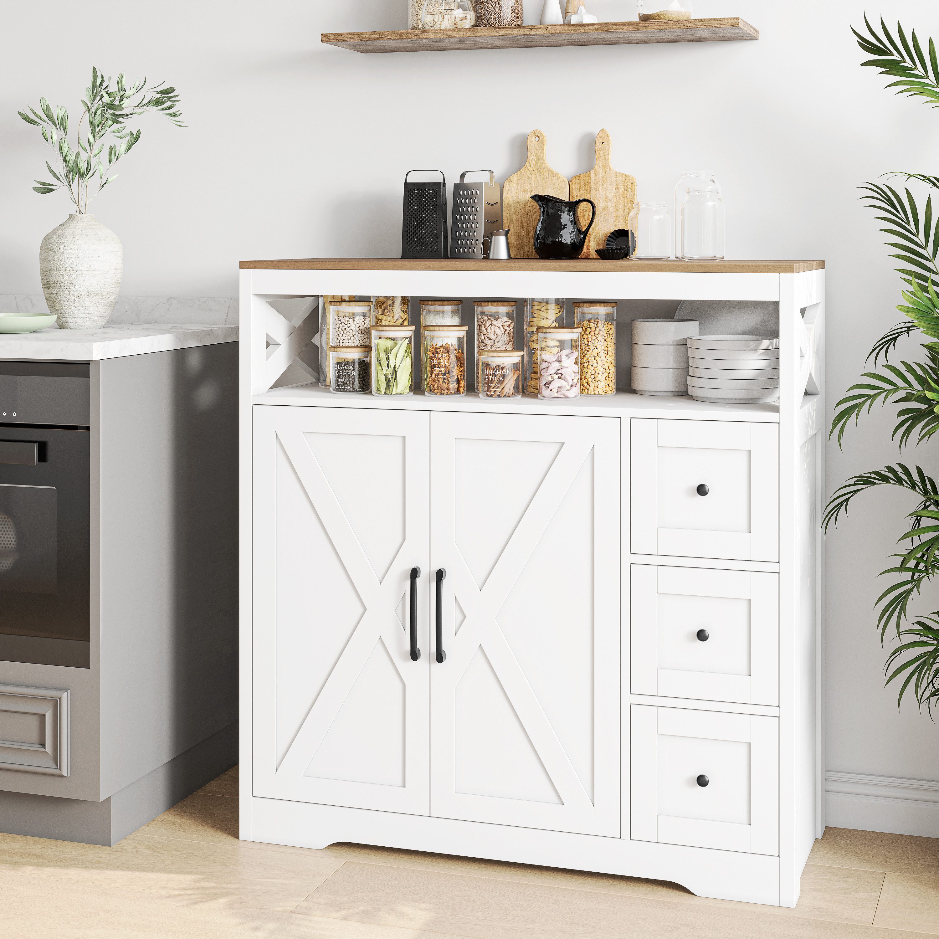 zebery Buffet Küchen Sideboard aus Holz (Set, 1-St., Küchenschrank mit 3 Schubladen und 2 Türen) Buffetschrank mit verstellbaren Ablagen für Wohnzimmer Küche Flur