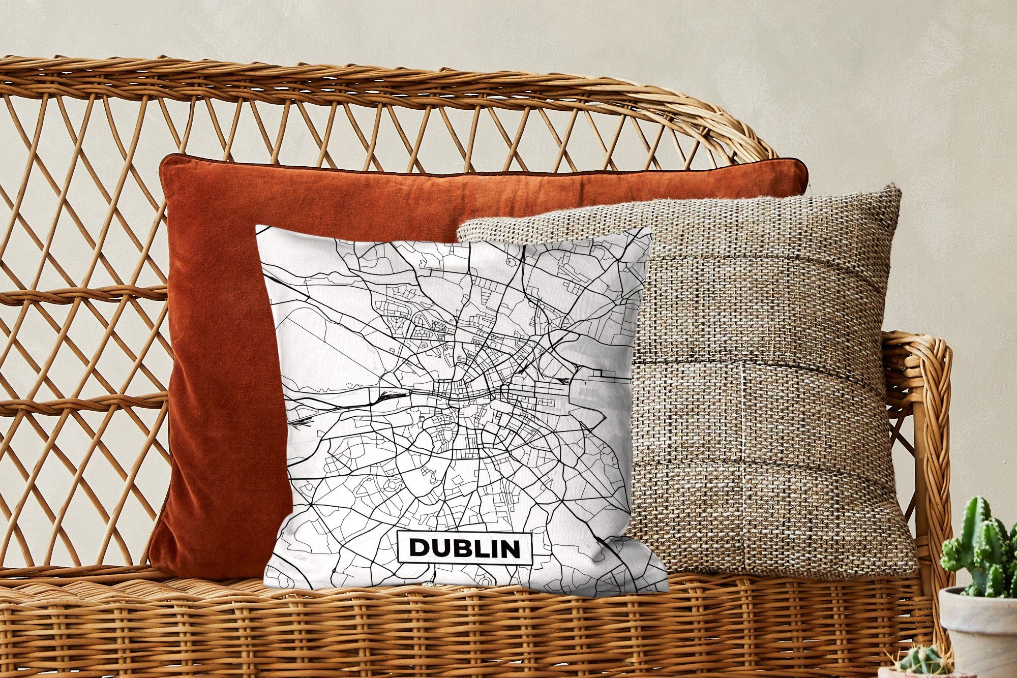 Sofakissen für mit - Dublin Dekokissen Stadtplan Zierkissen weiß Füllung MuchoWow Wohzimmer, Karte Schlafzimmer, Deko, - und - Schwarz - Karte,