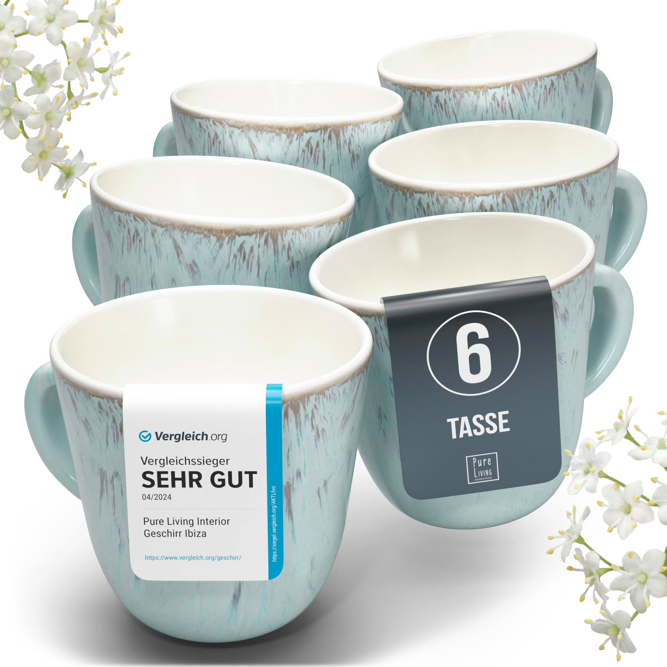 PURE LIVING INTERIOR DESIGN Geschirr-Set Steingut Kaffeetassen 6 Personen Ibiza TESTSIEGER, Traumhaftes Mediter (6-tlg), 6 Personen, Steingut, Mediterrane Handwerksoptik, Reaktive Glasur – jedes Stück einzigartig…