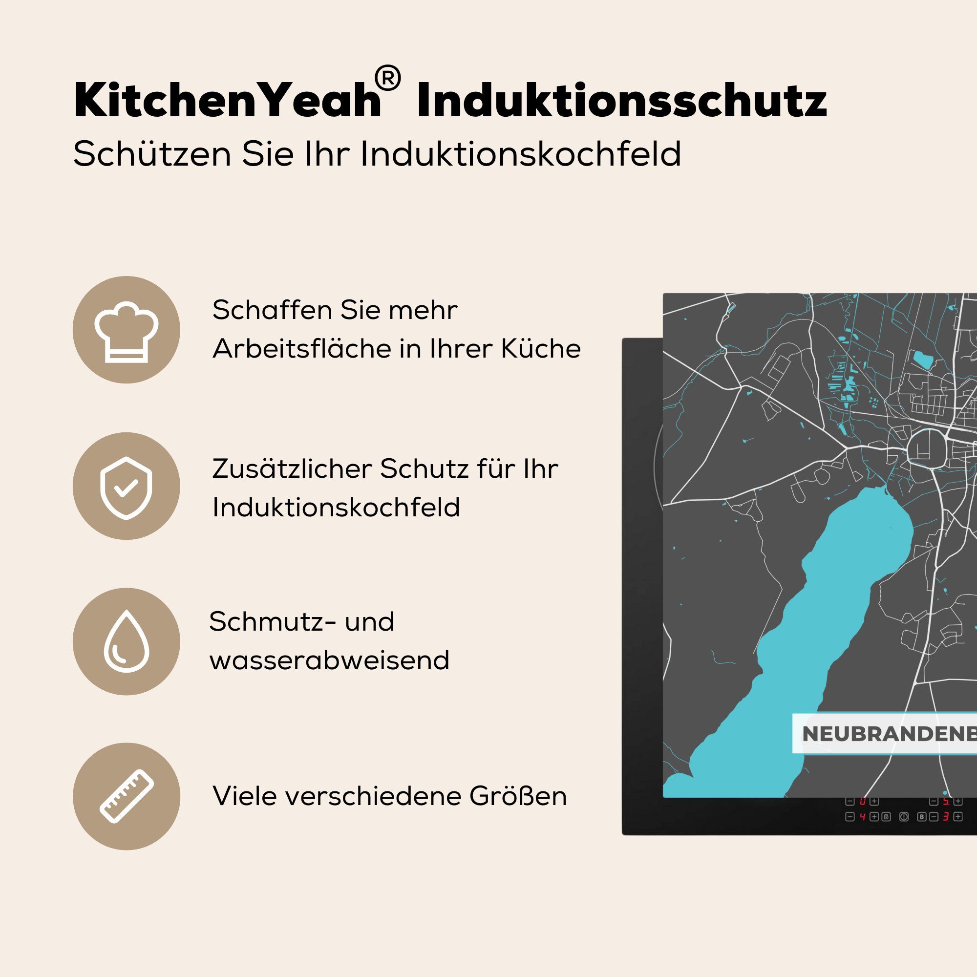 Herdblende-/Abdeckplatte - Arbeitsplatte Neubrandenburg, tlg), - für Blau Ceranfeldabdeckung, Deutschland (1 Vinyl, Stadtplan Karte cm, - 78x78 - küche MuchoWow