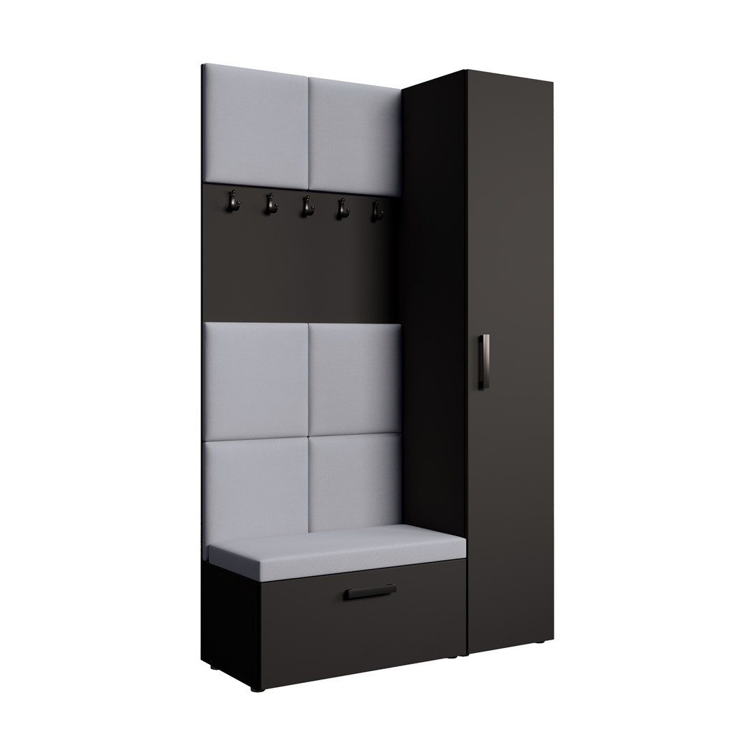Beautysofa Garderoben-Set MARGARET mit Sitzbank, Kleiderhaken und eintürigem Kleiderschrank, (gepolsterten Paneelen, Höhe: 203 cm), verschiedene Farben und Breiten