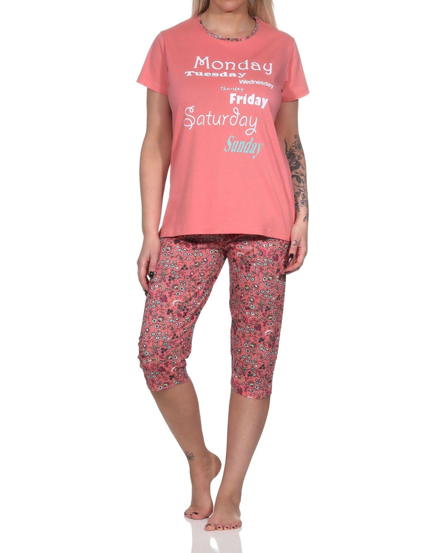 Normann Pyjama Lässiger Damen Capri Pyjama mit Allover-Muster und Frontprint