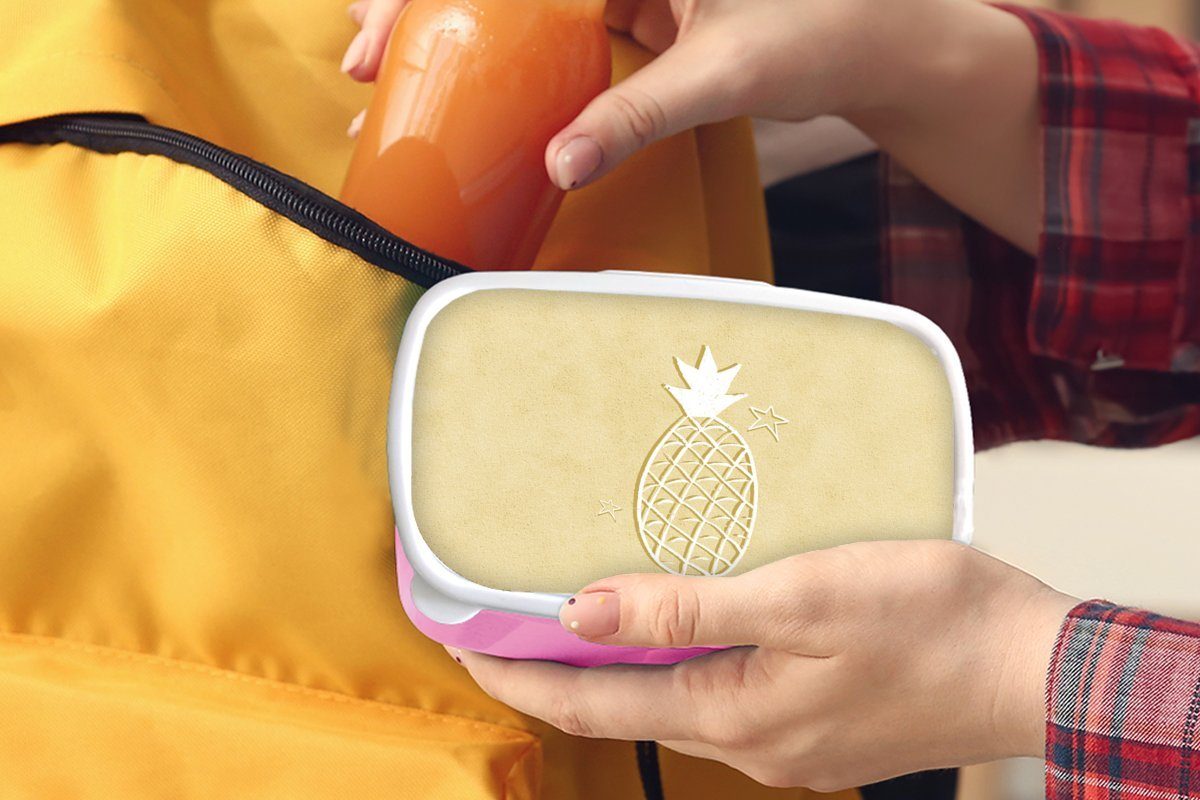MuchoWow Lunchbox Sommer - Ananas Kunststoff Erwachsene, Kunststoff, (2-tlg), Brotdose Sterne, - Brotbox Kinder, rosa für Mädchen, Snackbox