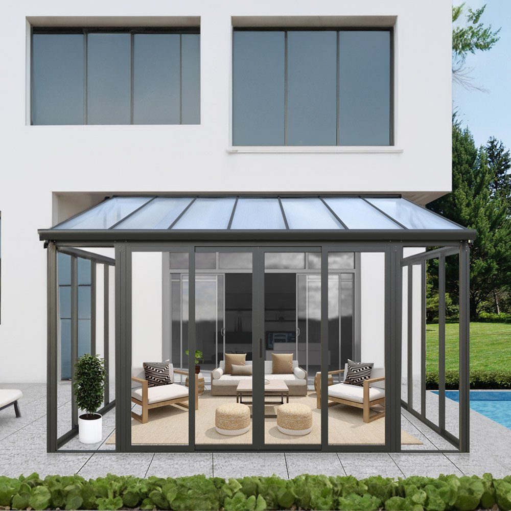 HOME DELUXE Wintergarten AMARIS, BxT: 428x300 cm, Bedachung Hohlkammerstegplatten, (Komplettset abschließbar & kratzfeste Pulverbeschichtung), Wintergarten aus Aluminium, Alu Terrassendach, Terrassenüberdachung