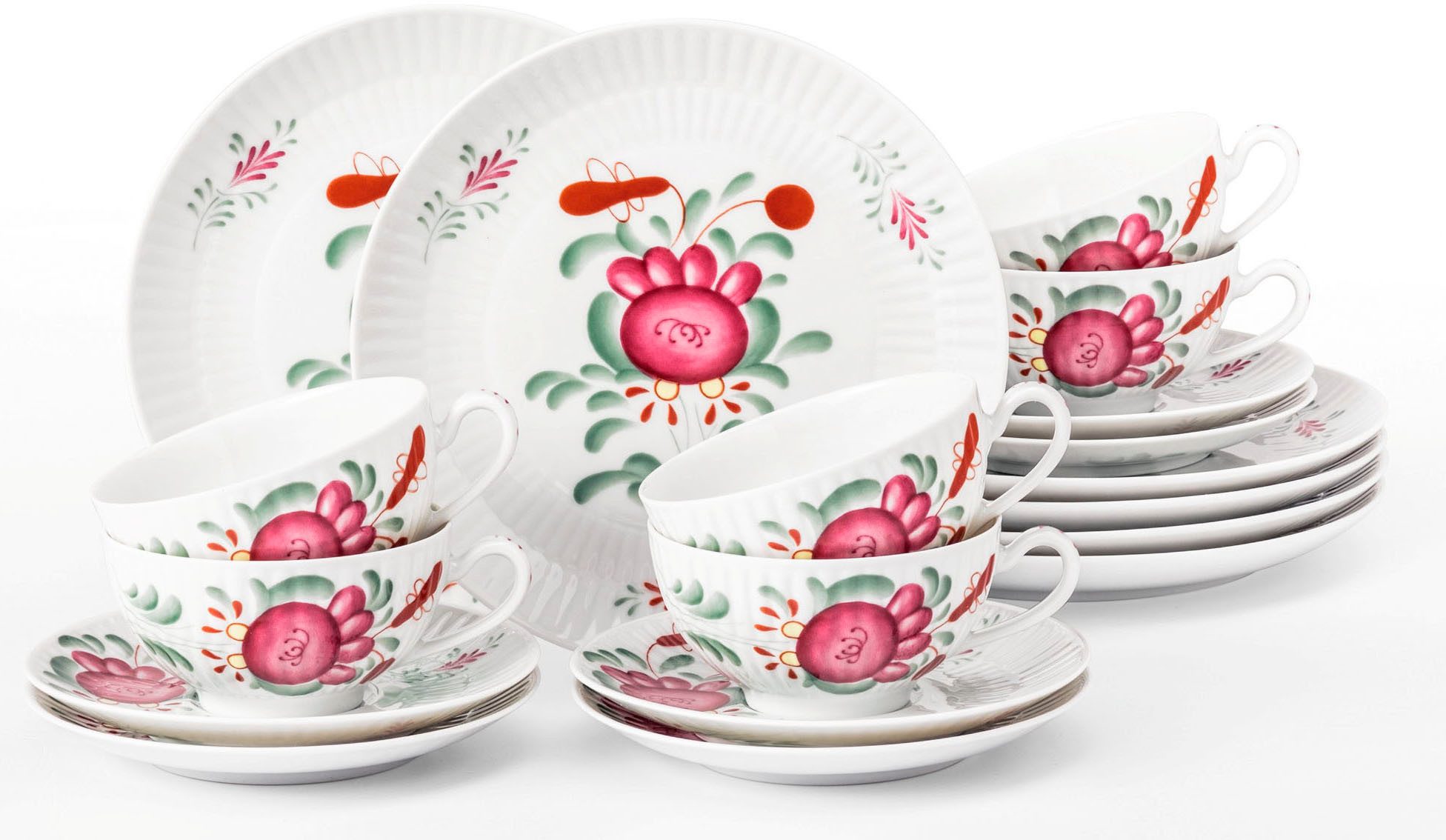 Seltmann Weiden Teeservice Geschirr-Set, 18 Teile, Amina Ostfiesenrose, klein (18-tlg), 6 Personen, Porzellan, Stäbchenrelief, die Ostfriesenrose, Blütenmotiv