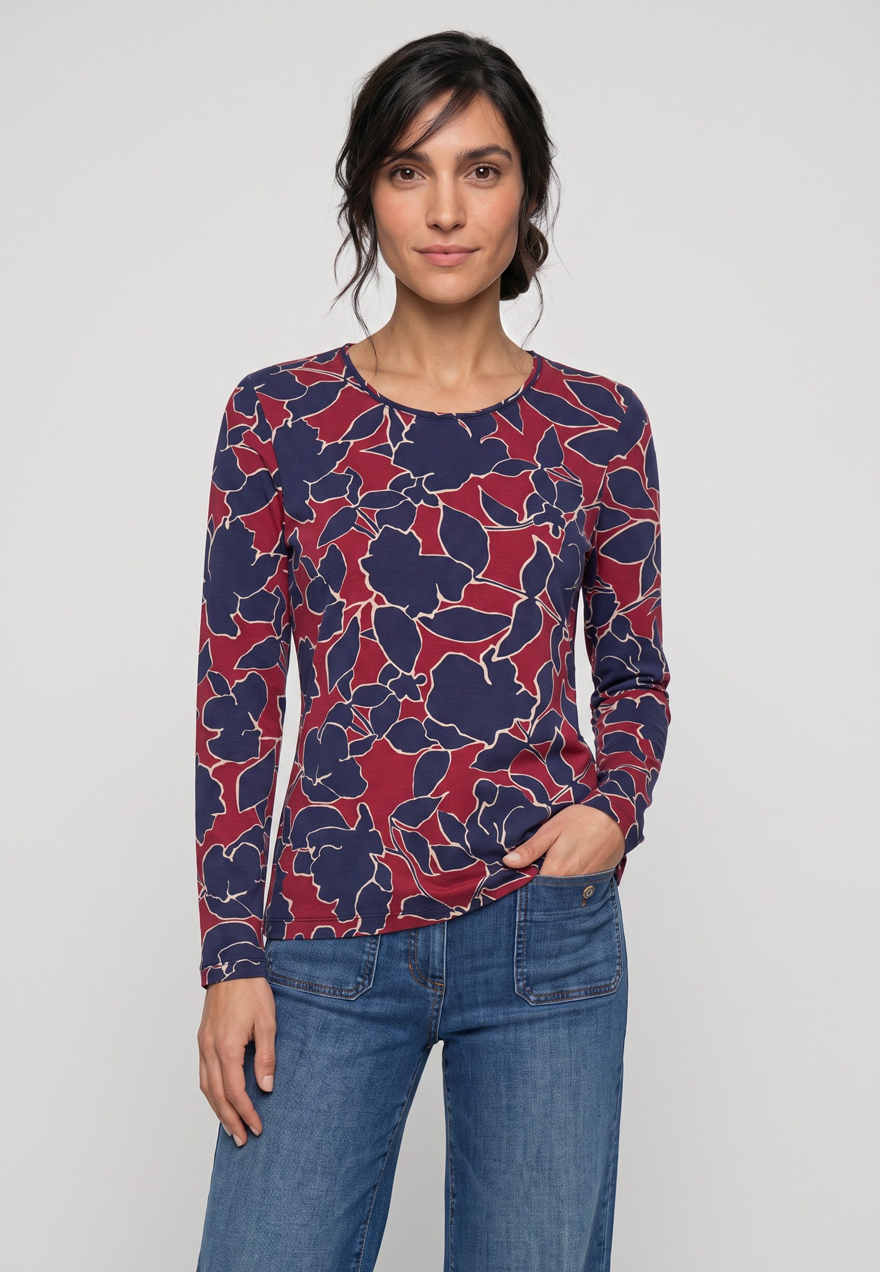 Olsen T-Shirt mit Allover-Dessin und langen Ärmeln