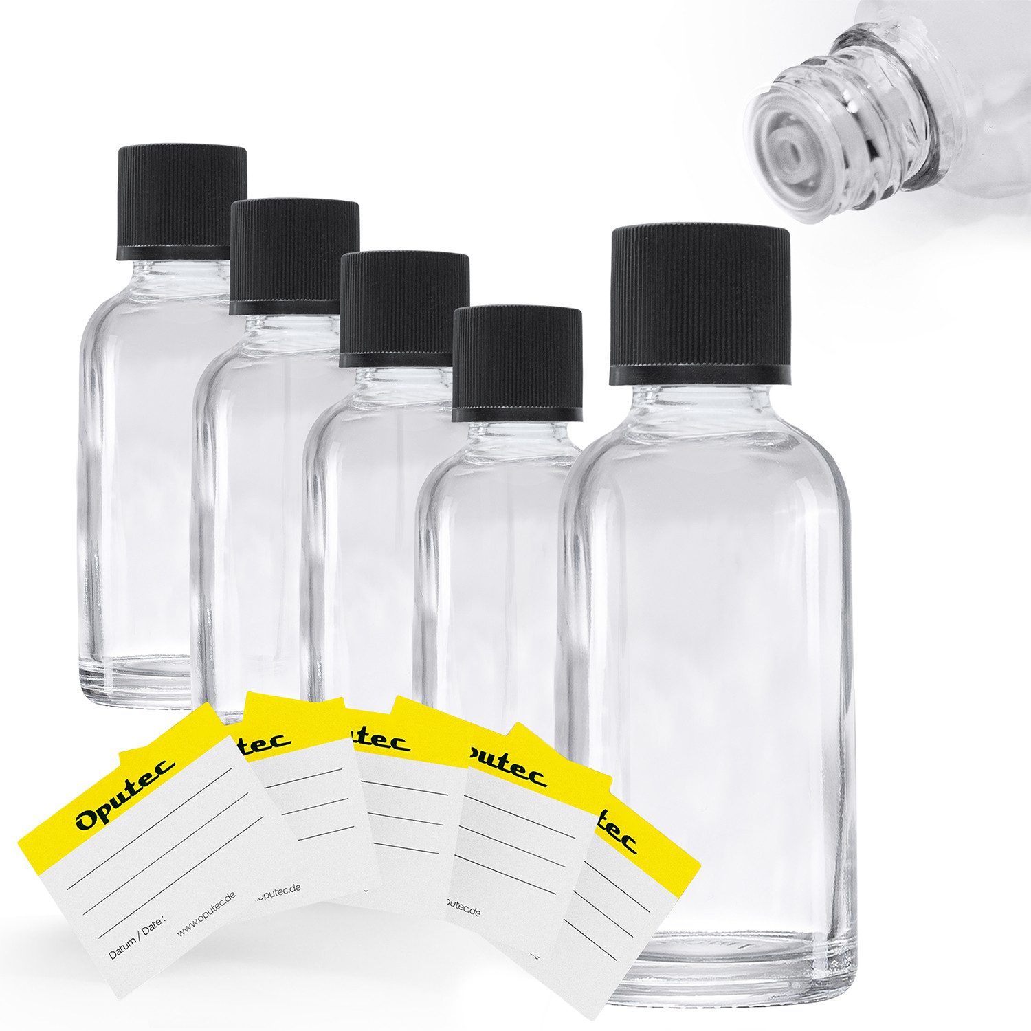 Oputec Kanister 5 x 30ml Klarglas-Tropfflaschen Apothekerflaschen Tröpfler + Etiketten (Sparset, 5 x 30ml)