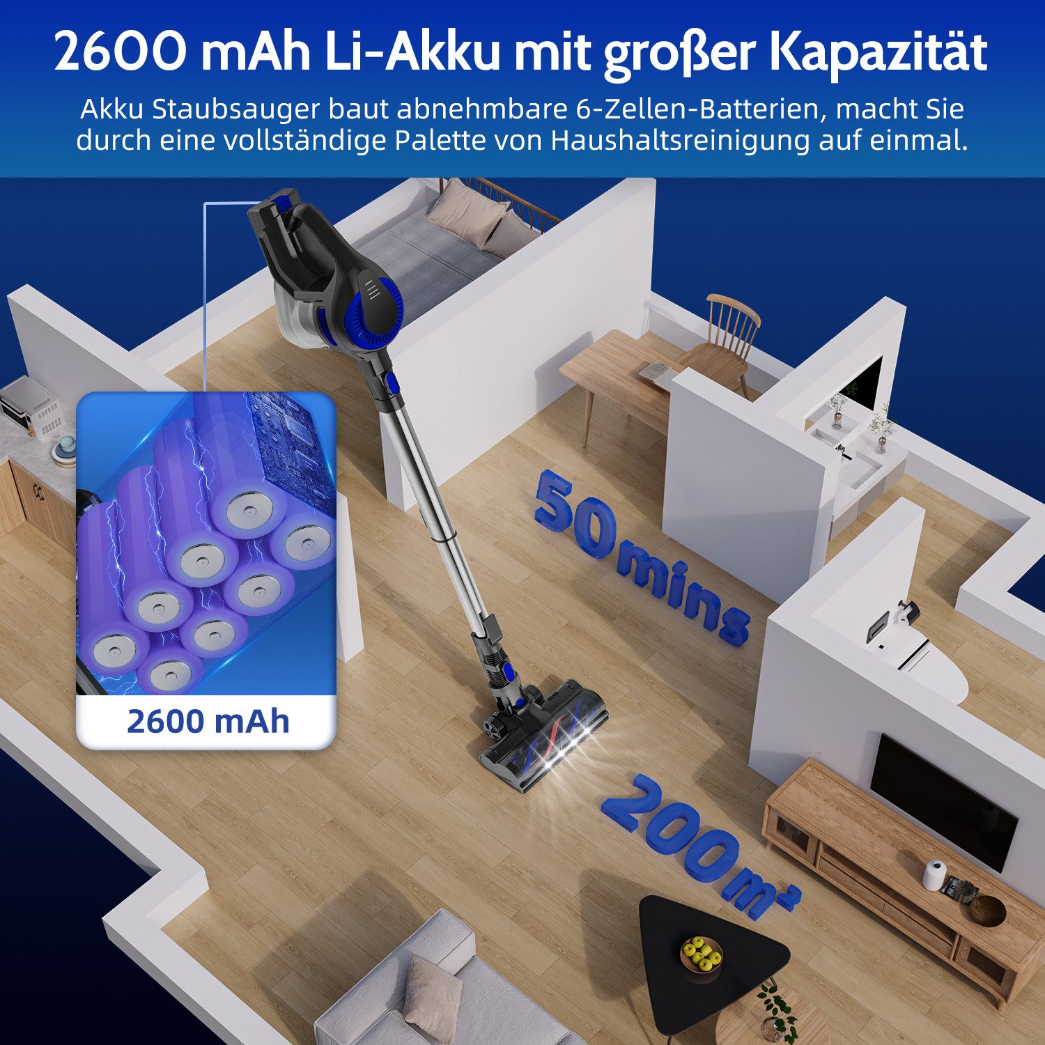 Homimaster Akku-Hand-und Stielstaubsauger Akku Staubsauger,58000Pa Saugleistung, HEPA*4, handstaubsauger mit akku, Staubsauger mit 2600mAh Langzeitakku, Bis zu 50 Min Laufzeit, 1.6L Staubbehälter, Kabelloser Staubsauger für Tierhaare, Teppich und Hartböden