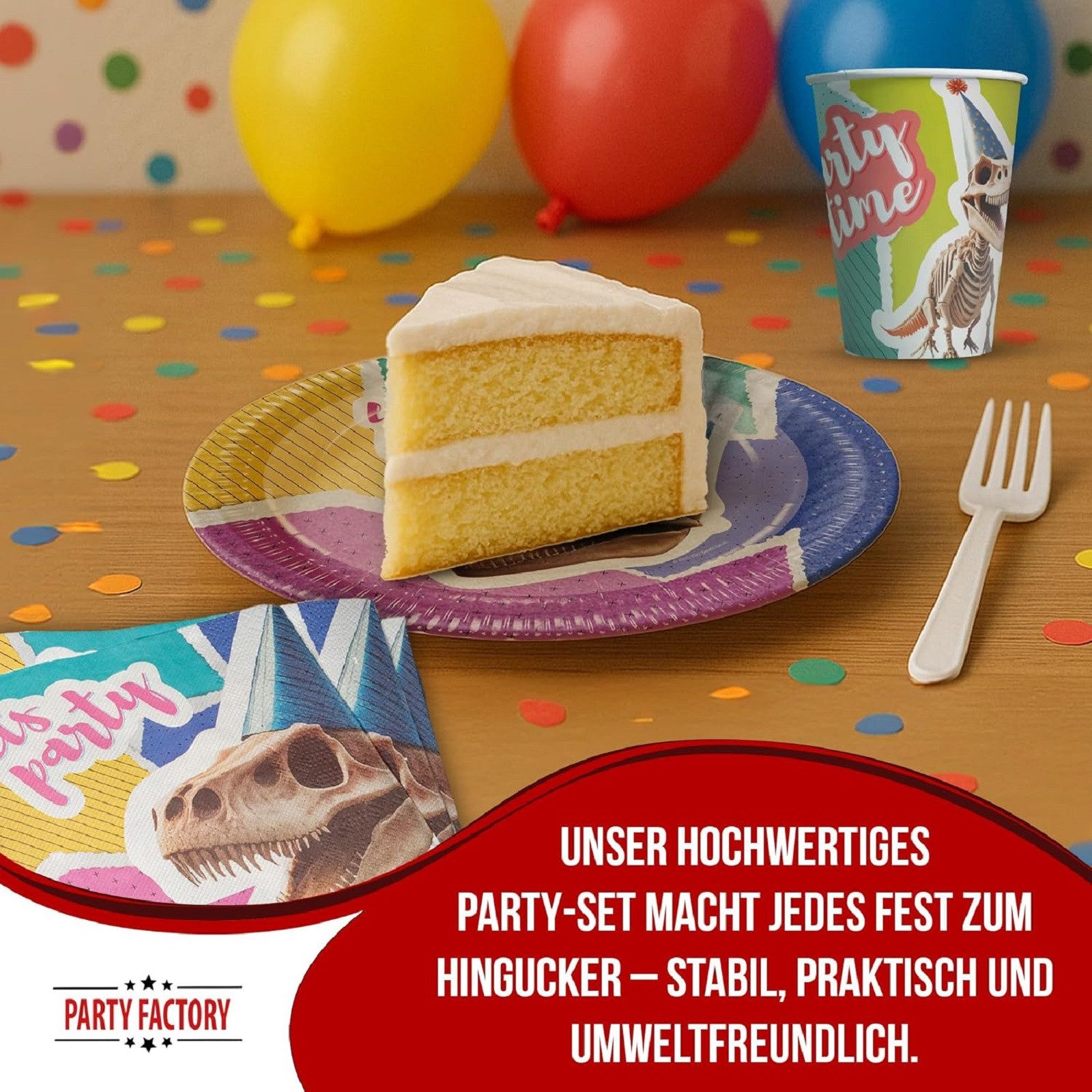 Party Factory Geschirr-Set Dino Skelett – 36-teiliges Party-Set mit Teller, Becher & Servietten, 8 Personen, bringt Urzeit-Feeling auf den Tisch