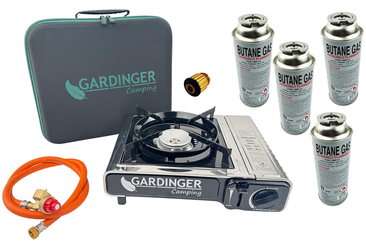 GARDINGER Gaskocher Campingkocher Safety Camp Allgas Piezo Zündsicherung vier Kartuschen, (Allgas-Adapterschlauch), Zündsicherung, Windschutz