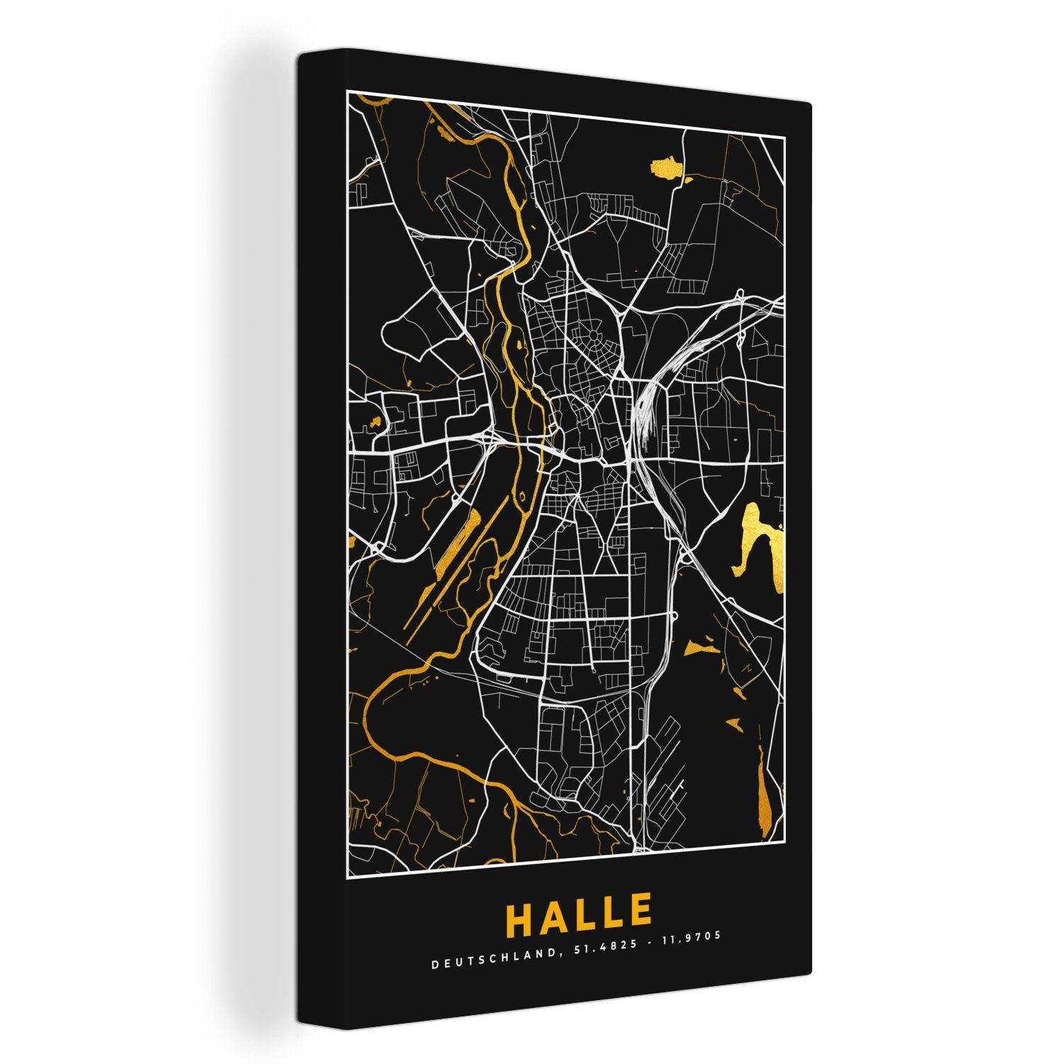 OneMillionCanvasses® Leinwandbild Halle - Stadtplan - Gold - Karte - Deutschland, (1 St), Leinwandbild fertig bespannt inkl. Zackenaufhänger, Gemälde, 20x30 cm