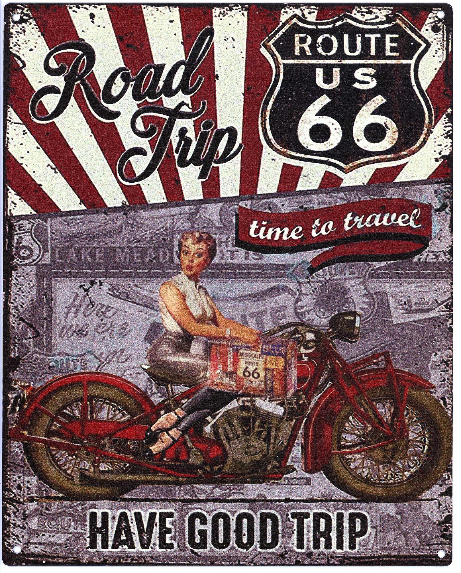 Moritz Metallschild Blechschild Road Trip Route 66, (Einzeln), 20 x 25cm Vintage Retro Deko Schild Metallschild Wandbild Schild