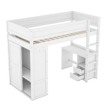 OKWISH Hochbett ausgestattet mit Kleiderschrank, Schreibtisch und Schubladen (vielseitiges Kinderbett, 90*200cm) ohne Matratze