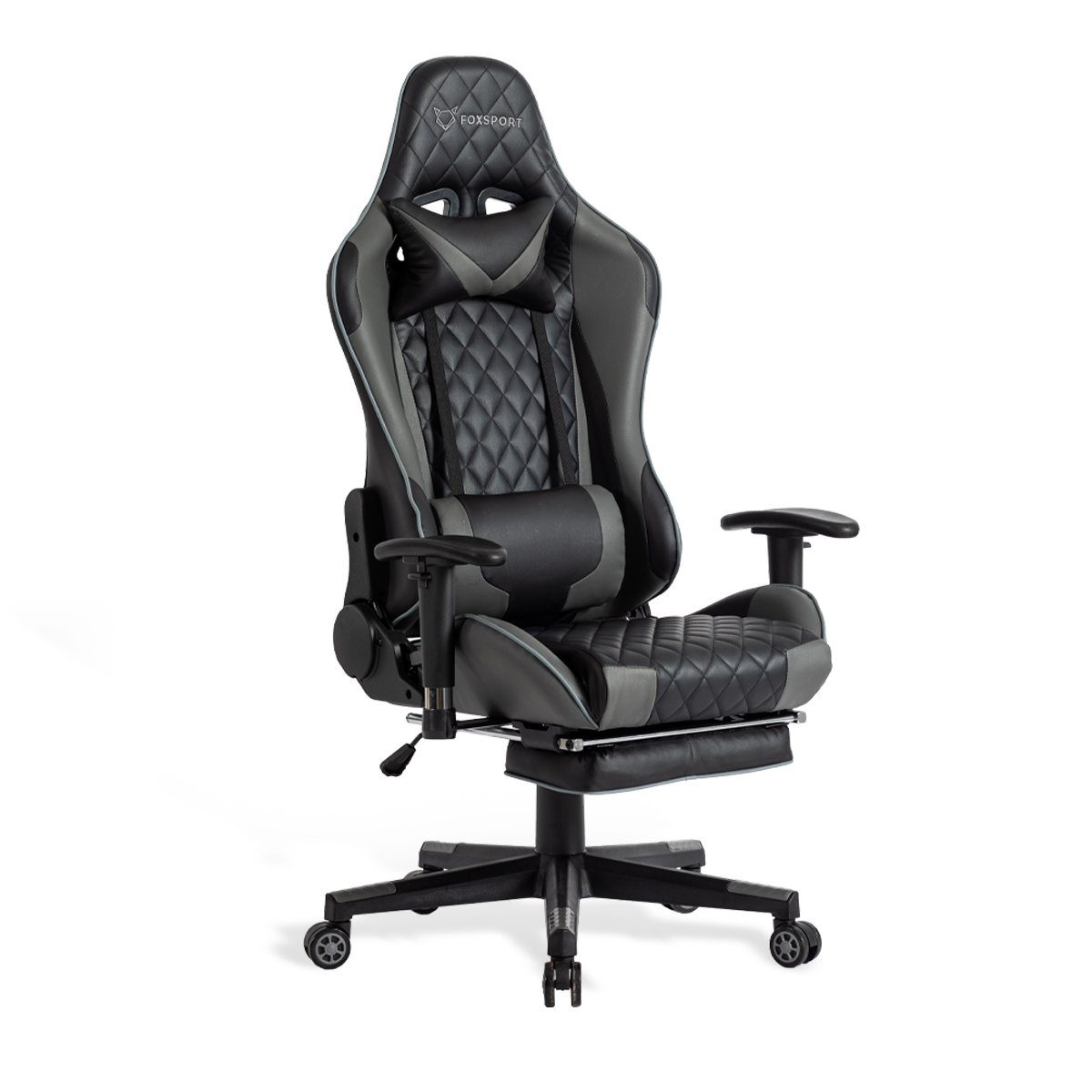 Seven Comfort Gaming-Stuhl Gaming Stuhl mit Fußstütze (Professioneller Gamingstuhl), Mit Kopfstütze und Lendenwirbelstütze, mit einer einziehbaren Fußstütze grau