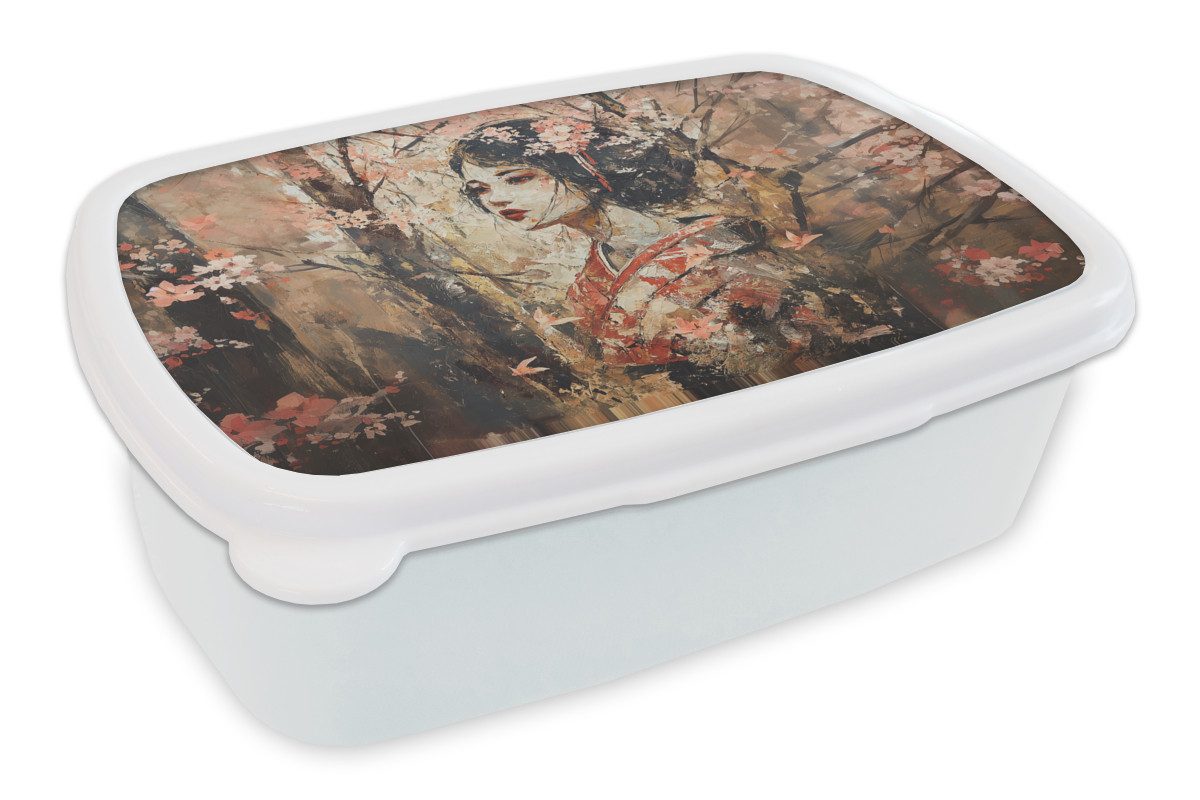 MuchoWow Lunchbox Kimono - Frau - Kirschbäume, Kunststoff, (2-tlg), Brotdose Schule oder Arbeit, Brotbox für Kinder und Erwachsene