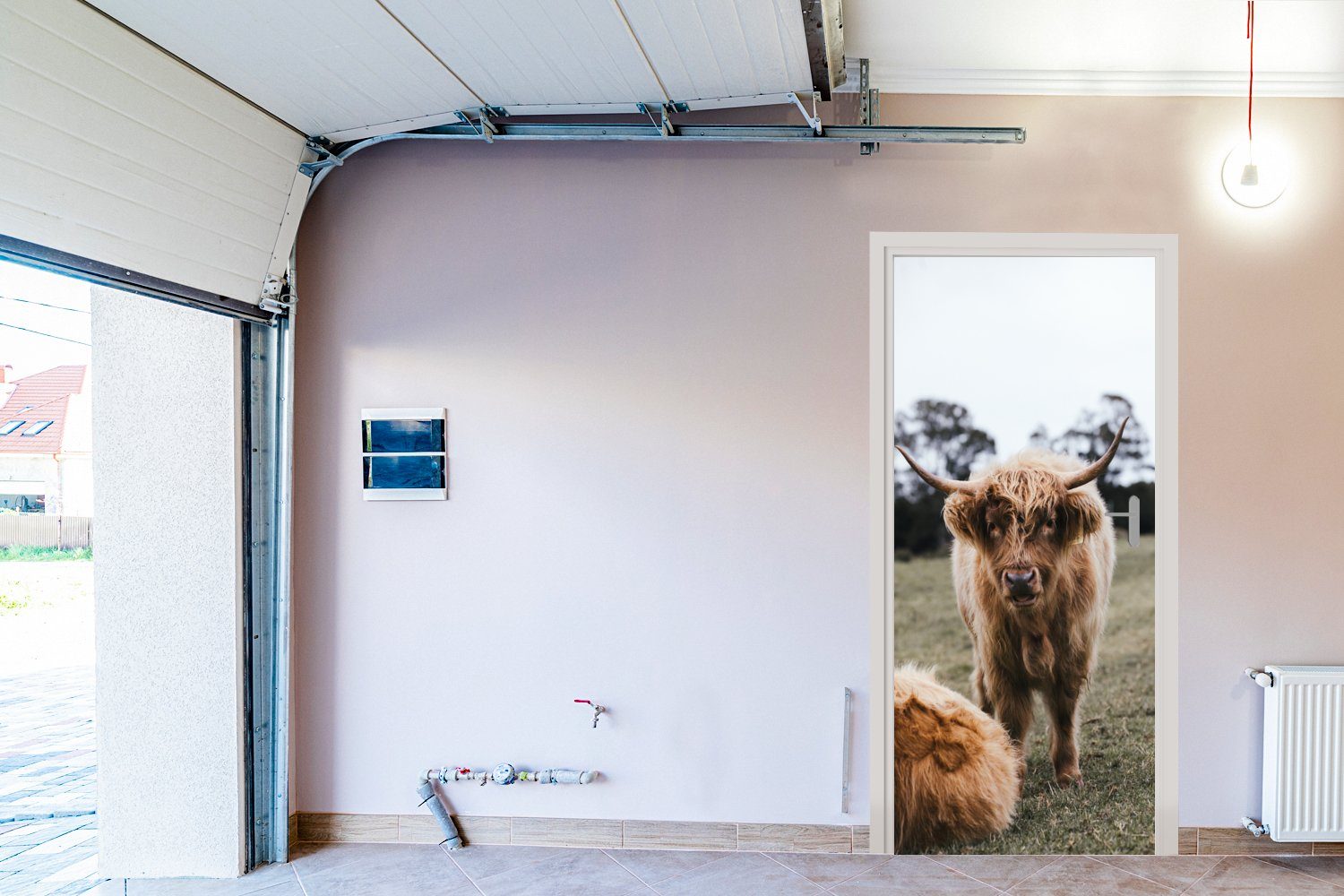 St), bedruckt, Nutztiere Türaufkleber, Türtapete Tür, - Fototapete Scottish für Highlander - cm Gras, MuchoWow Matt, 75x205 (1