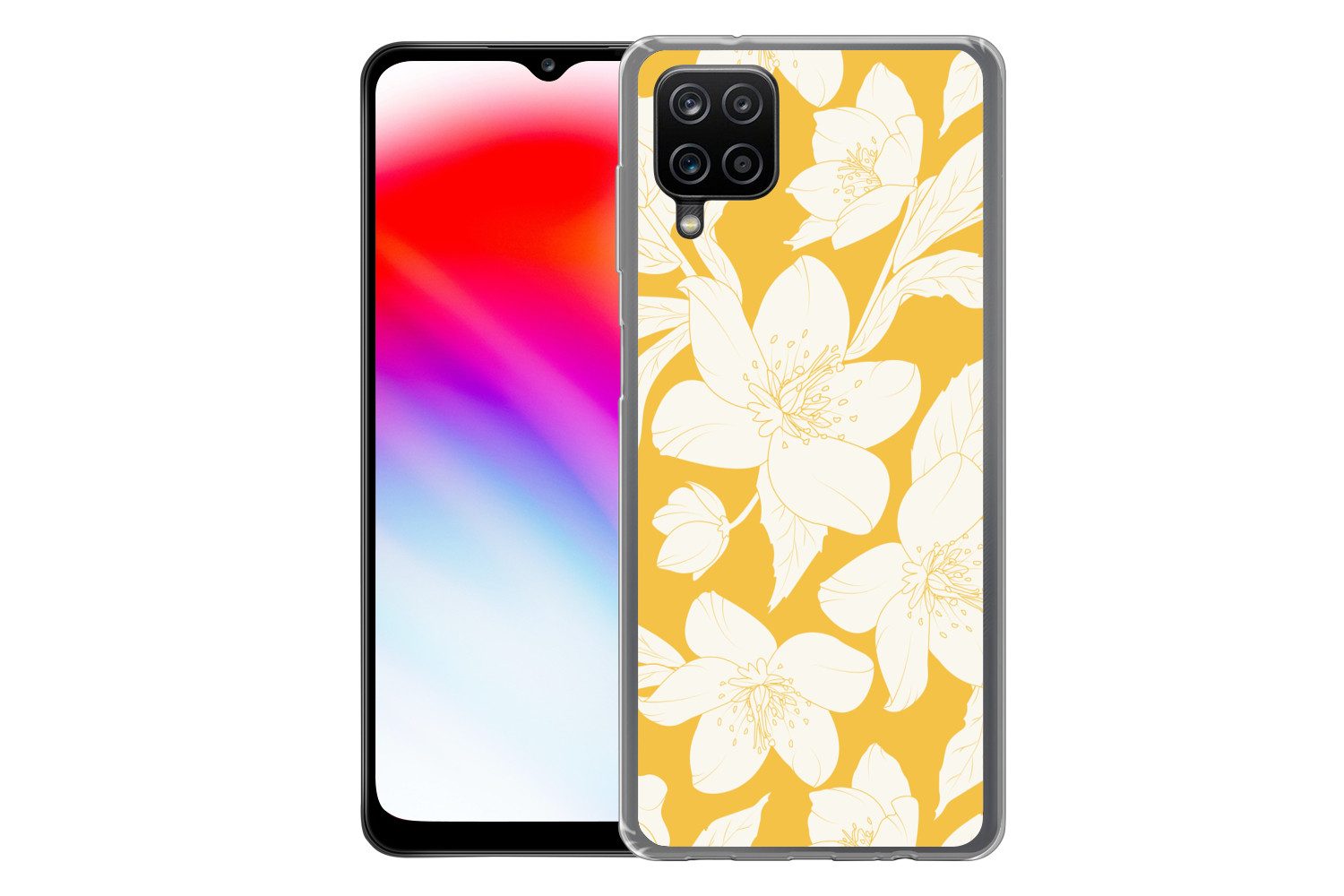 MuchoWow Handyhülle für Samsung Galaxy A12 Blumen - Muster - Gelb - Weiß, Smartphone-Bumper, Print, Handy Schutzhülle Dünn