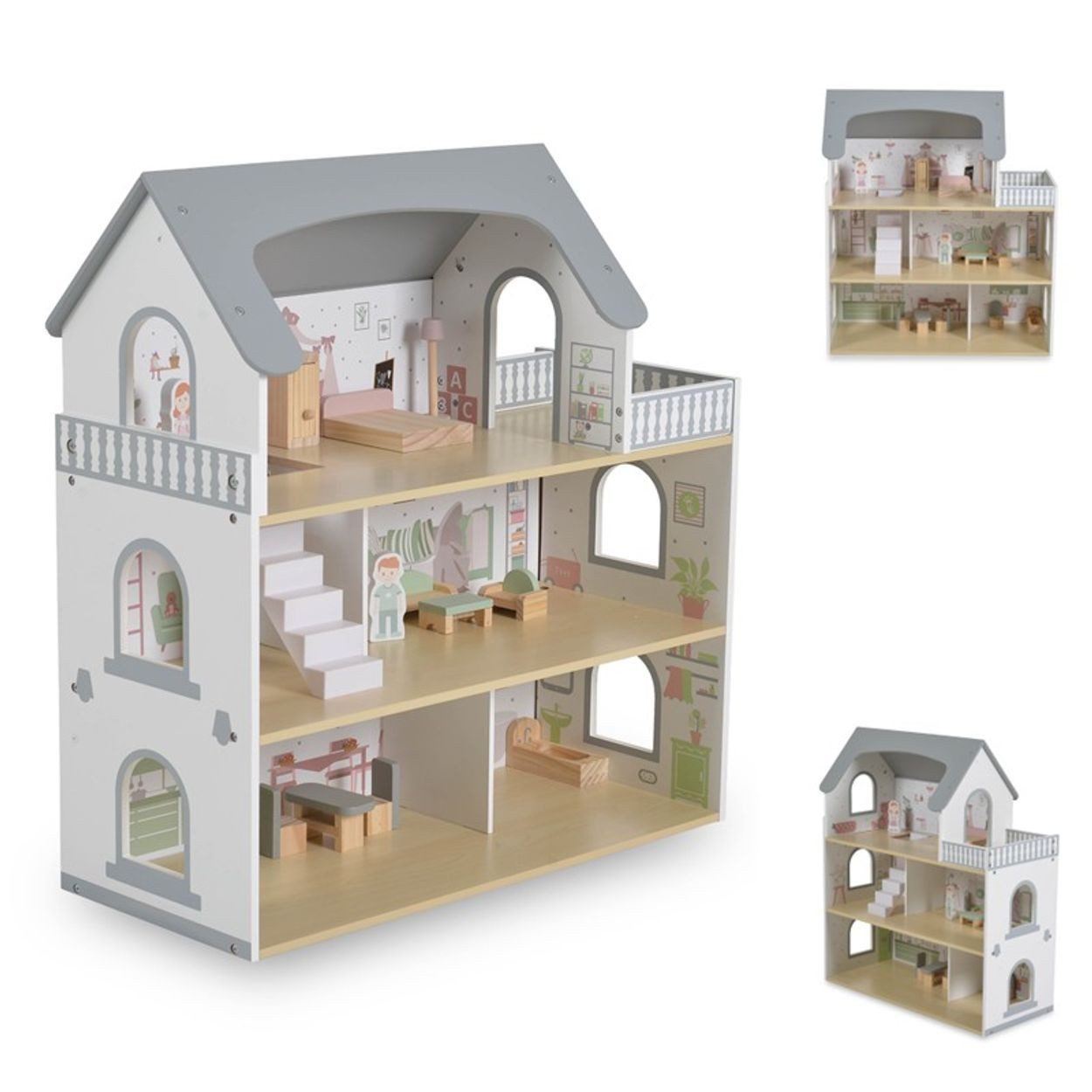 Moni Puppenhaus Puppenhaus Ema Holz 3 Etagen, Puppenfiguren 11-teiliges Möbelset Balkon